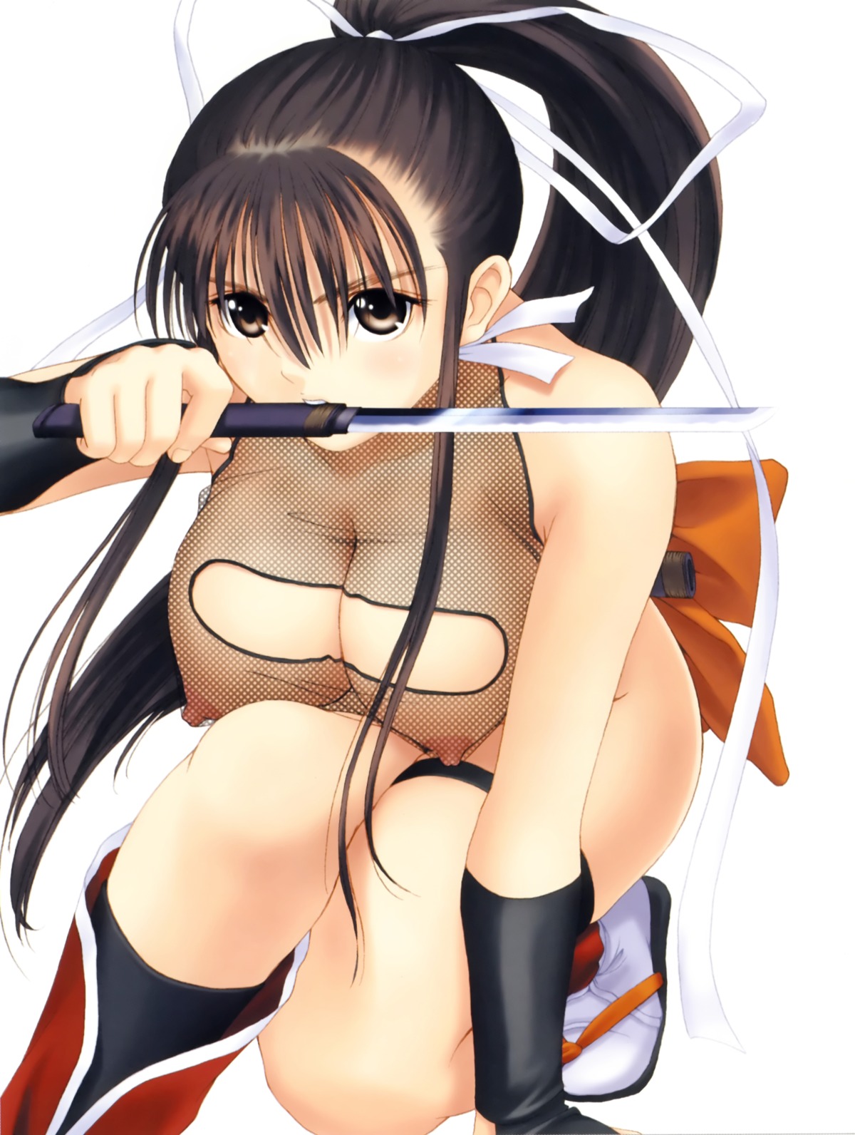 1girls black_hair bow breasts female female_only fishnets hairbow hanging_breasts highres large_breasts mitama_~shinobi~ ninja nipples ponytail ran_(mitama_~shinobi~) rule34 simple_background solo taka_tony tied_hair white_background