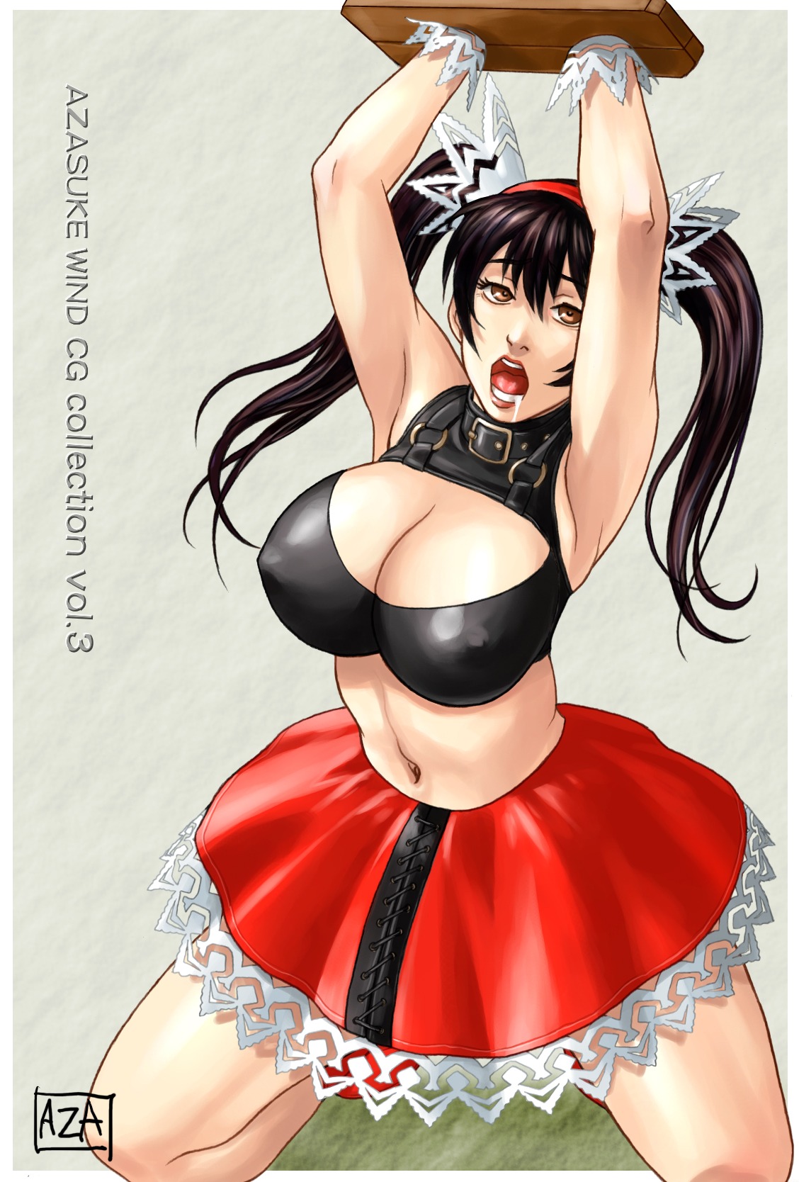 artist_logo azasuke black_hair bound bra breasts brown_eyes drooling female fighting_vipers headband highres honey_(fighting_vipers) open_mouth restrained rule34 sega skirt twintails
