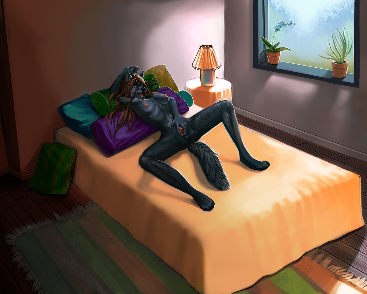 5:4 anthro anus biped black_body black_fur blue_eyes blush bodily_fluids breasts brown_hair canid canine canis e621 female front_vulva fur genital_fluids genitals hair kiba1 lying mammal nipples nude open_mouth sia solo spread_legs spread_vulva spreading tail tattoo vaginal_fluids vulva wolf