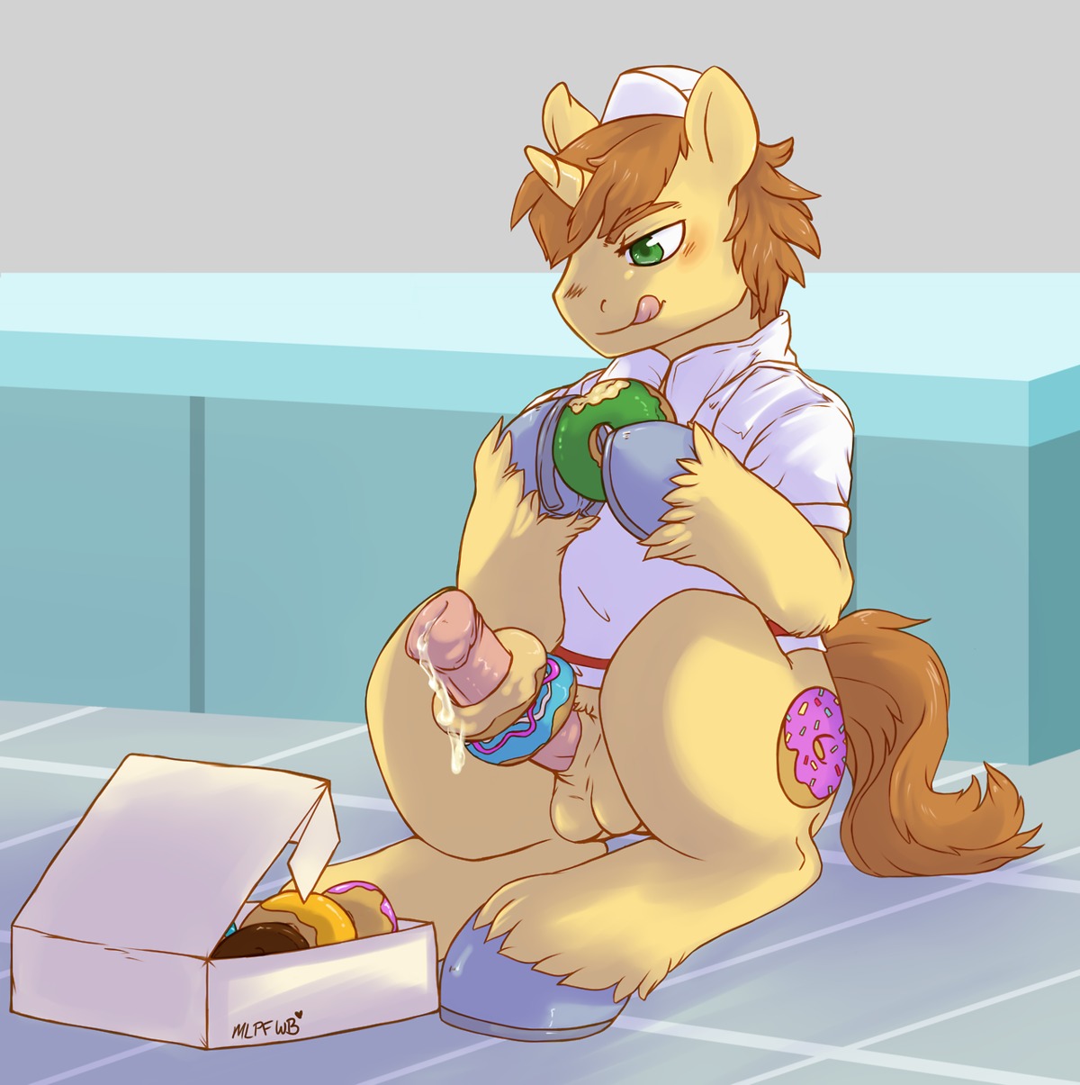 animal_genitalia animal_penis aries84 balls bodily_fluids brown_body brown_fur brown_hair butt clothed clothing cutie_mark dessert donut_joe_(mlp) doughnut doughnut_fucking doughnut_on_penis e621 equid equine equine_genitalia equine_penis erection feral food food_fetish food_on_penis food_play friendship_is_magic fur genital_fluids genitals green_eyes hair hasbro hat headgear headwear hi_res hooves horn improvised_sex_toy inside licking licking_lips licking_own_lips male mammal my_little_pony mythological_creature mythological_equine mythology partially_clothed pastry penetrable_sex_toy penis precum precum_on_food self_lick sex_toy shirt smile solo source_request sprinkles tail tongue tongue_out topwear unicorn