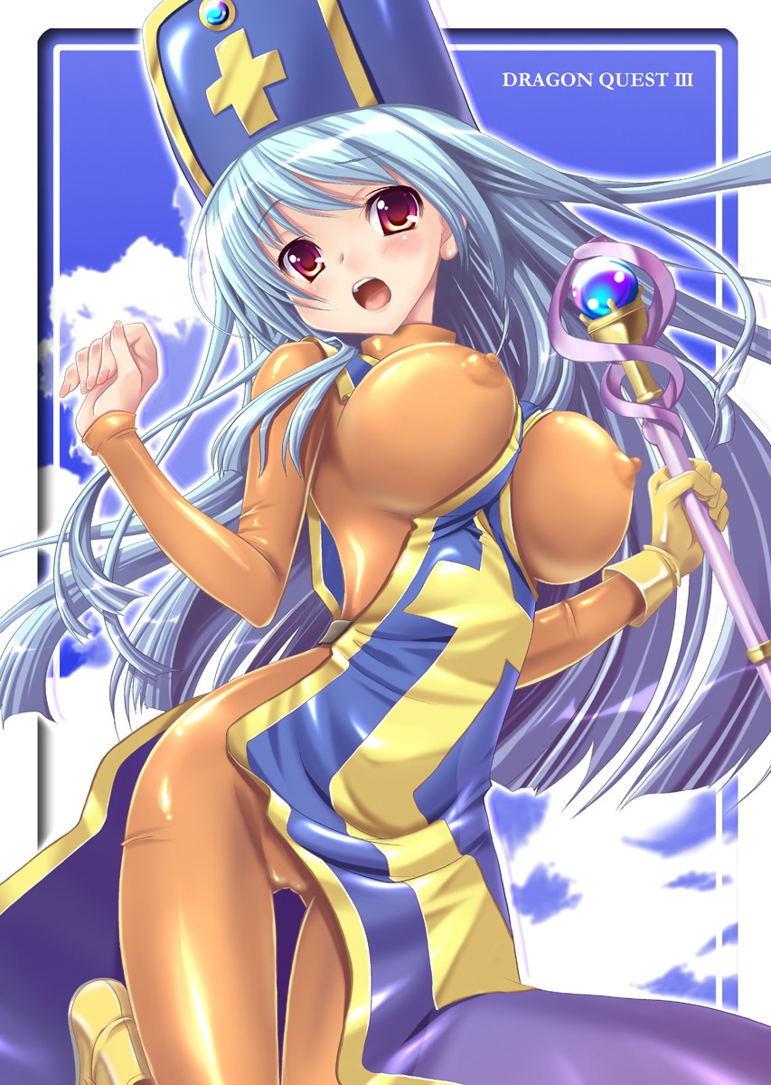blue_hair bodysuit breasts breasts_out cameltoe clothing cloud dragon_quest dragon_quest_iii erect_nipples erect_nipples_under_clothes female gloves hat highres large_breasts latex latex_gloves long_hair mitre nipples priest priest_(dq3) pussy red_eyes rule34 shiny shiny_clothes skin_tight tabard