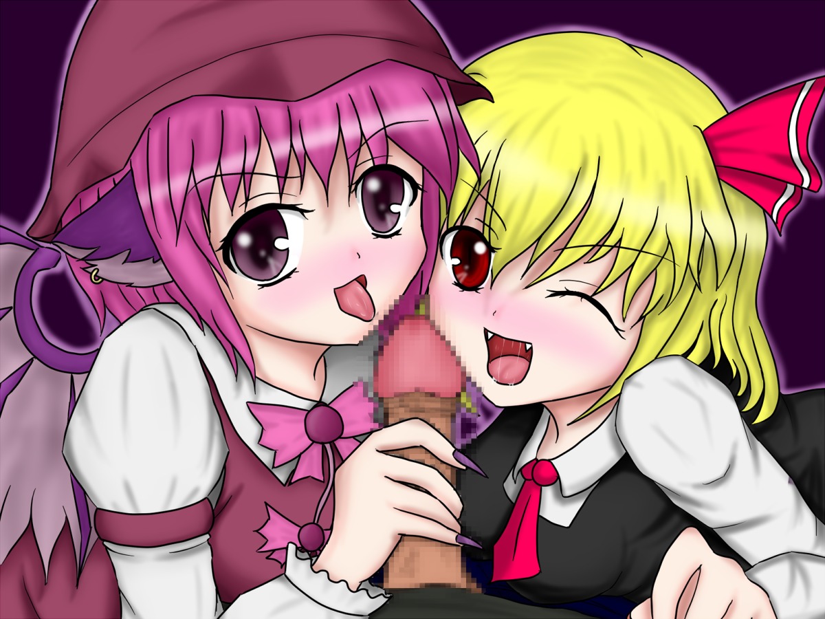 2girls animal_ear blonde_hair female multiple_females multiple_girls mystia_lorelei open_mouth oral pink_hair red_eyes rule34 rumia tongue touhou youkai