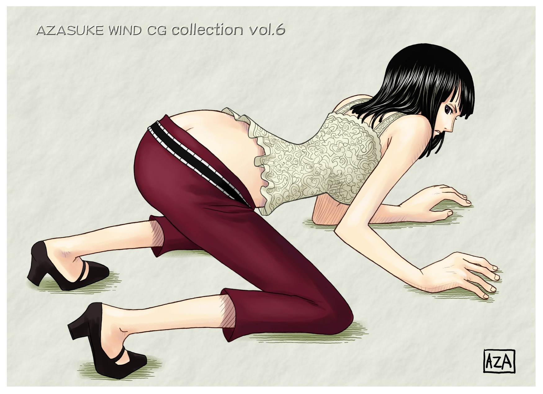 1girls all_fours ass ass_crack azasuke bare_calves black-haired_female black_hair butt_crack calves camisole capri_pants clothing female female_only high_heels highres human nico_robin one_piece pre-timeskip purple_eyes rule34 shoes skypiea solo straight_hair