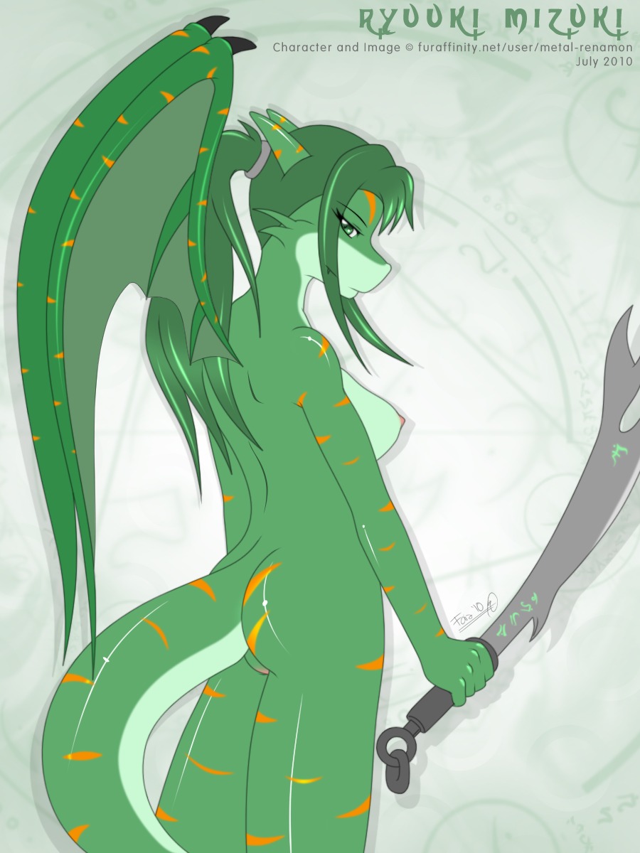 2010 3:4 anthro biped breasts copyright_symbol countershading dragon e621 english_text female genitals green_body green_hair hair hi_res holding_melee_weapon holding_object holding_sword holding_weapon melee_weapon membrane_(anatomy) membranous_wings metal-renamon mythological_creature mythological_scalie mythology nipples non-mammal_breasts non-mammal_nipples nude runes ryuuki_mizuki scalie solo standing stripes sword symbol tail text url vulva weapon wings