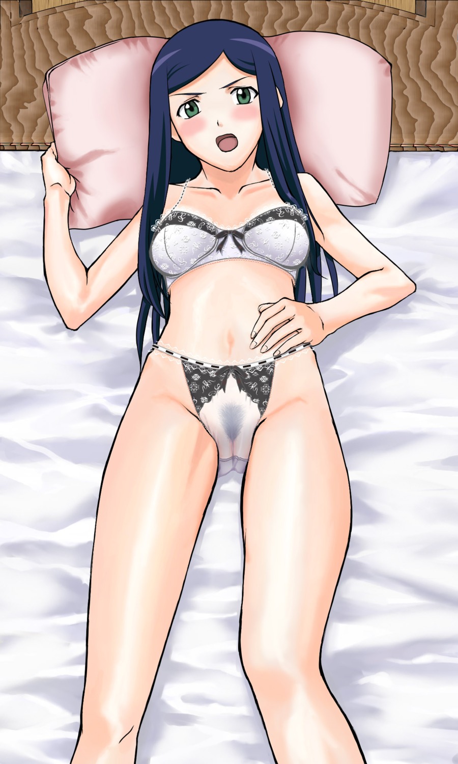 artist_request bed blush bra breasts female green_eyes highres kuga_natsuki lingerie long_hair lying my-hime panties pillow pubic_hair purple_hair pussy rule34 see-through small_breasts solo underwear