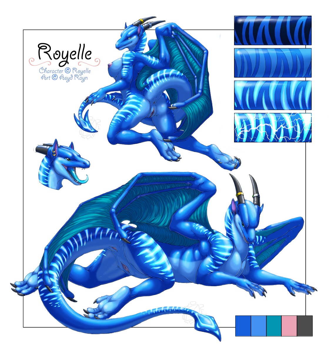 2010 acidapluvia anthro anus big_breasts black_claws black_horn blue_body blue_markings blue_skin blue_stripes blue_tongue breasts butt claws color_swatch dragon e621 ear_piercing fangs female feral genitals green_eyes hi_res horn horn_jewelry horn_ring jewelry looking_at_viewer looking_back markings membrane_(anatomy) membranous_wings model_sheet mythological_creature mythological_scalie mythology nipples non-mammal_breasts non-mammal_nipples nude piercing pink_nipples plump_labia pose presenting presenting_hindquarters raised_tail rear_view ring_(jewelry) royelle scalie side_boob side_view simple_background solo spade_tail spread_legs spreading stripes tail teeth tongue tongue_out vulva white_background wings