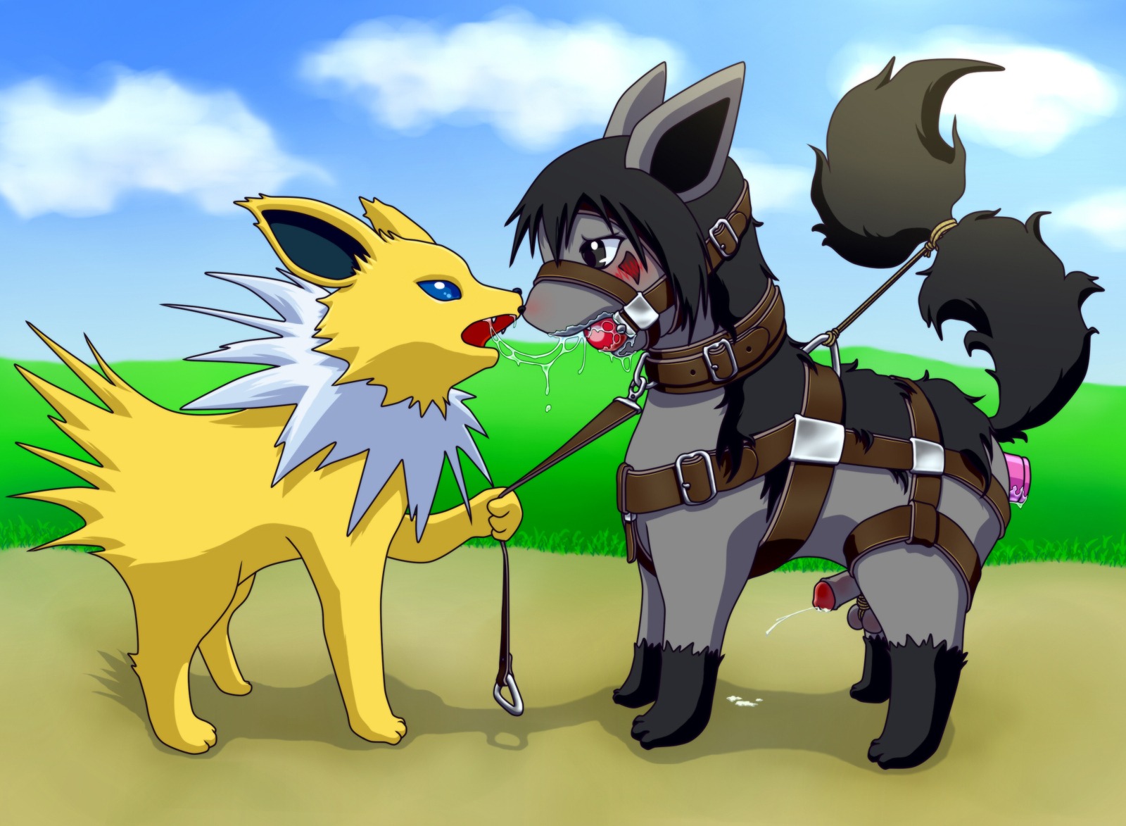 balls blush color day eeveelution feral fur insertion interspecies jolteon leash male mightyena nintendo nude outdoors penis pokemon pokemon_(species) rule34 side_view tagme testicles