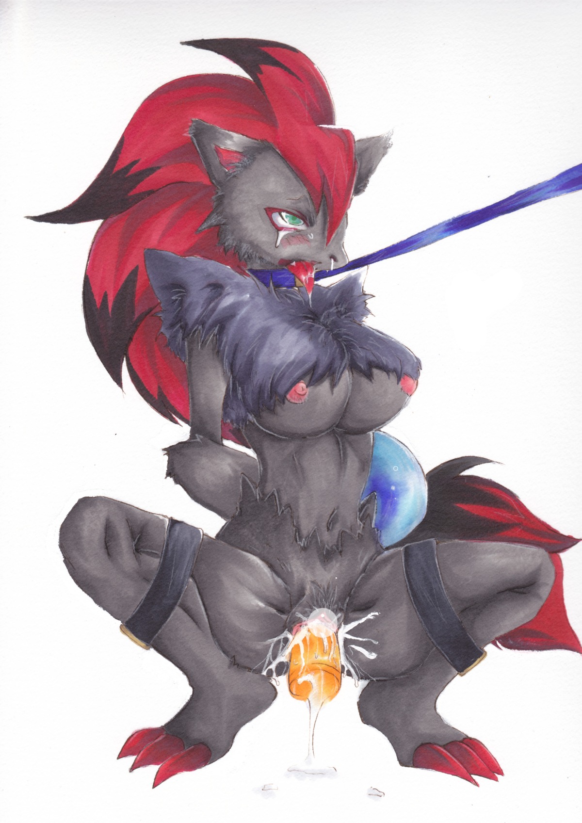 breasts collar color dildo exposed_breasts female female_only front_view fur furry furry_breasts leash nudity pokemon pokemon_(species) pokemon_bw pussy rule34 sex_toy solo squatting vulva white_background zoroark