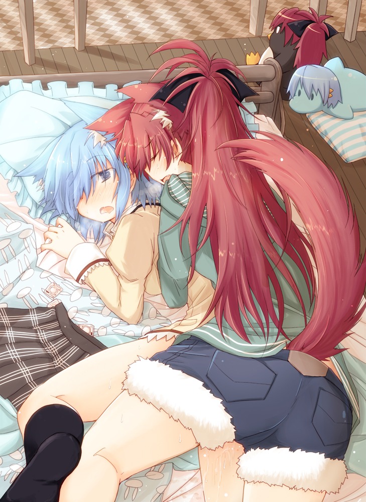 2girls animal_ear ass bed bird blue_eyes blue_hair blush bow closed_eyes clothes_removed condom female female_only frottage hairbow kemonomimi_mode long_hair mahou_shoujo_madoka_magica miki_sayaka multiple_females multiple_girls penguin pillow pussy pussy_juice red_hair rule34 sakura_kyouko school_uniform short_hair shorts skirt stuffed_animal stuffed_toy yasuio yuri