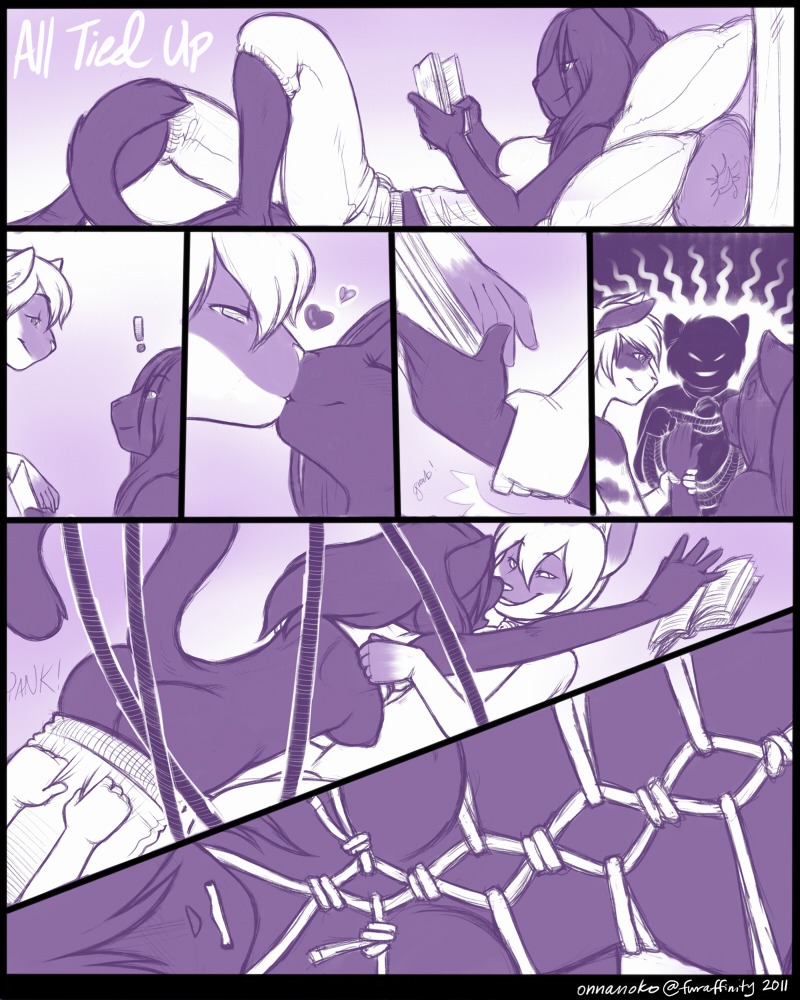 4:5 anthro bdsm bondage book bound breasts comic digital_media_(artwork) e621 evil_grin felid female grimace group group_sex heart_symbol intimate mammal monochrome nipples nude onnanoko purple_and_white reading restraints rope rope_bondage rope_harness sex smile tail threesome trio