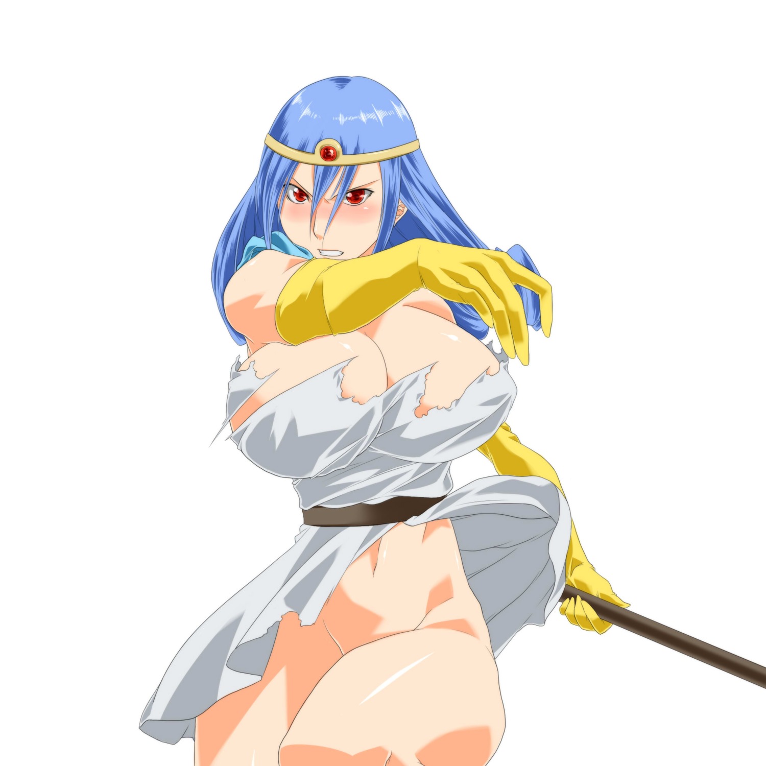 ass blue_hair blush breasts clothing dragon_quest dragon_quest_iii dress female highres large_breasts long_hair no_panties red_eyes rule34 sage_(dq3) saikki torn_clothes