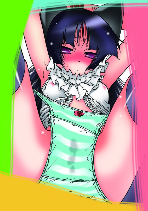 animal_ears bare_shoulders benjamin black_hair blue_eyes cat_ears female gokou_ruri long_hair nipples ore_no_imouto_ga_konna_ni_kawaii_wake_ga_nai panties panty_pull perspective rule34 see-through solo striped striped_panties sweatdrop thighhighs underwear wet_panties