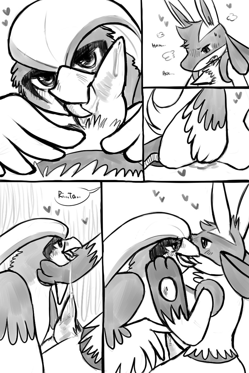 2012 anthro avian black_and_white canine comic english_text erection female feral haychel kissing lucario male monochrome nintendo oral_sex penis pidgeot pokemon pokemon_(species) rule34 sex straight text