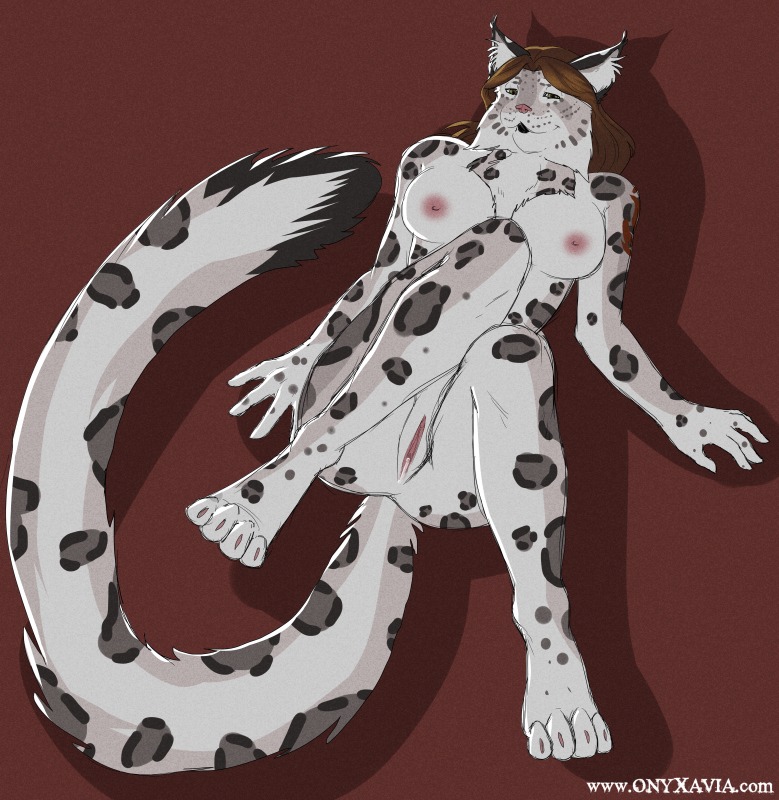 2013 anthro biped bodily_fluids breasts brown_hair e621 felid female genital_fluids genitals grey_spots hair hybrid leopard_spots lying mammal nipples nude on_back onyxavia pantherine presenting raised_leg snow_leopard solo spots tail text url vaginal_fluids vulva