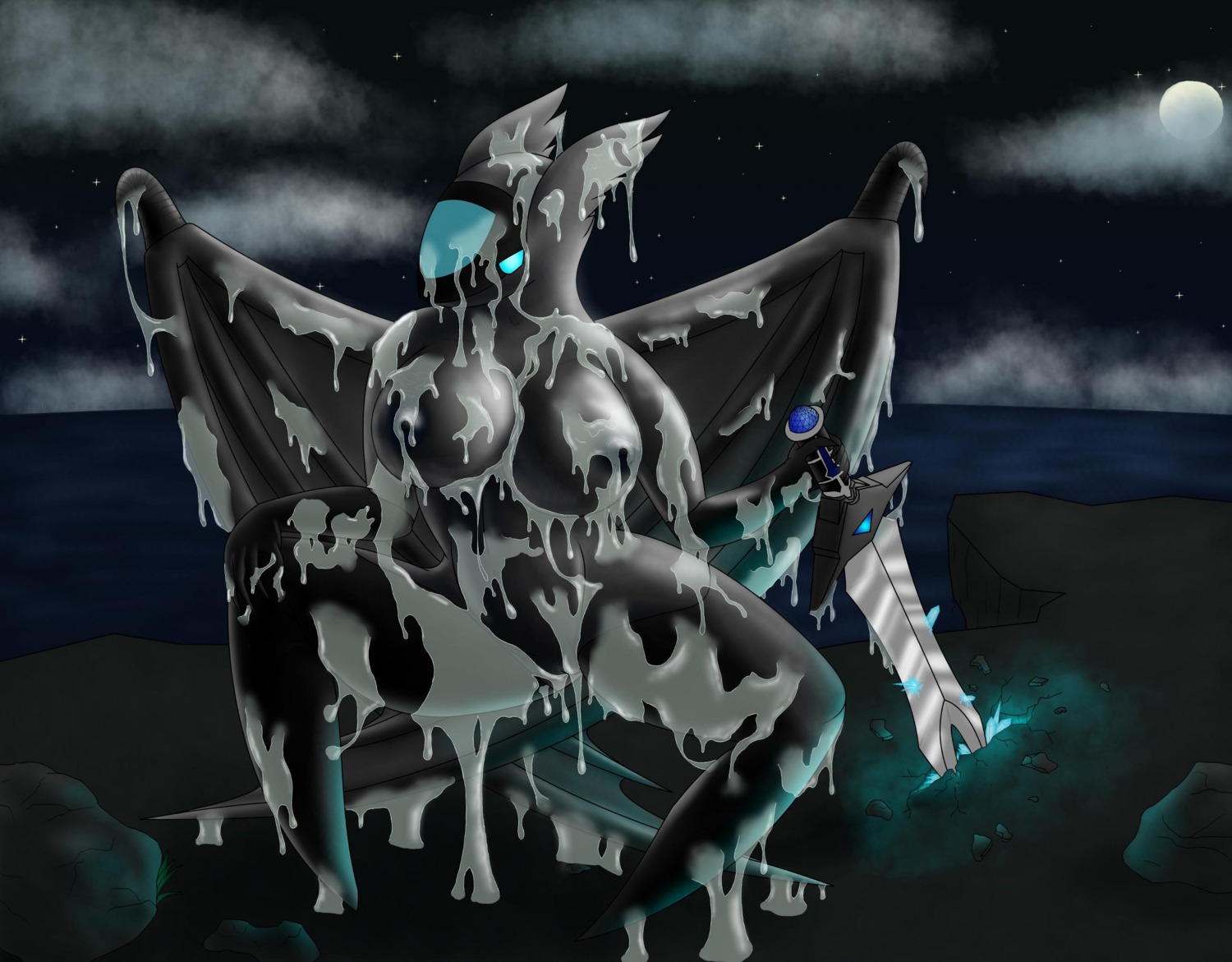 anthro anthrofied big_breasts bodily_fluids breasts cum cum_everywhere cum_on_breasts cum_on_face cum_on_leg cum_on_wings dragon e621 fakemon female generation_3_pokemon genital_fluids genitals hi_res latias legendary_pokemon melee_weapon membrane_(anatomy) membranous_wings messy mythological_creature mythological_scalie mythology nintendo non-mammal_breasts pokemon pokemon_(species) pokemorph rasha scalie solo sword thick_thighs unknown_artist vulva weapon wings