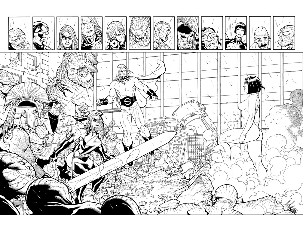 3girls 6+boys ares avengers bare_shoulders canon_genderswap canonical_scene carol_danvers clothed_female_nude_female clothed_male_nude_female female frank_cho girltron janet_van_dyne leotard male marvel marvel_comics micro_female mighty_avengers mole_man monochrome ms._marvel_(carol_danvers) muscular muscular_male official_art outdoors robert_reynolds rule34 rule_63 simon_williams straight_hair sword the_sentry wasp_(marvel) wonder_man