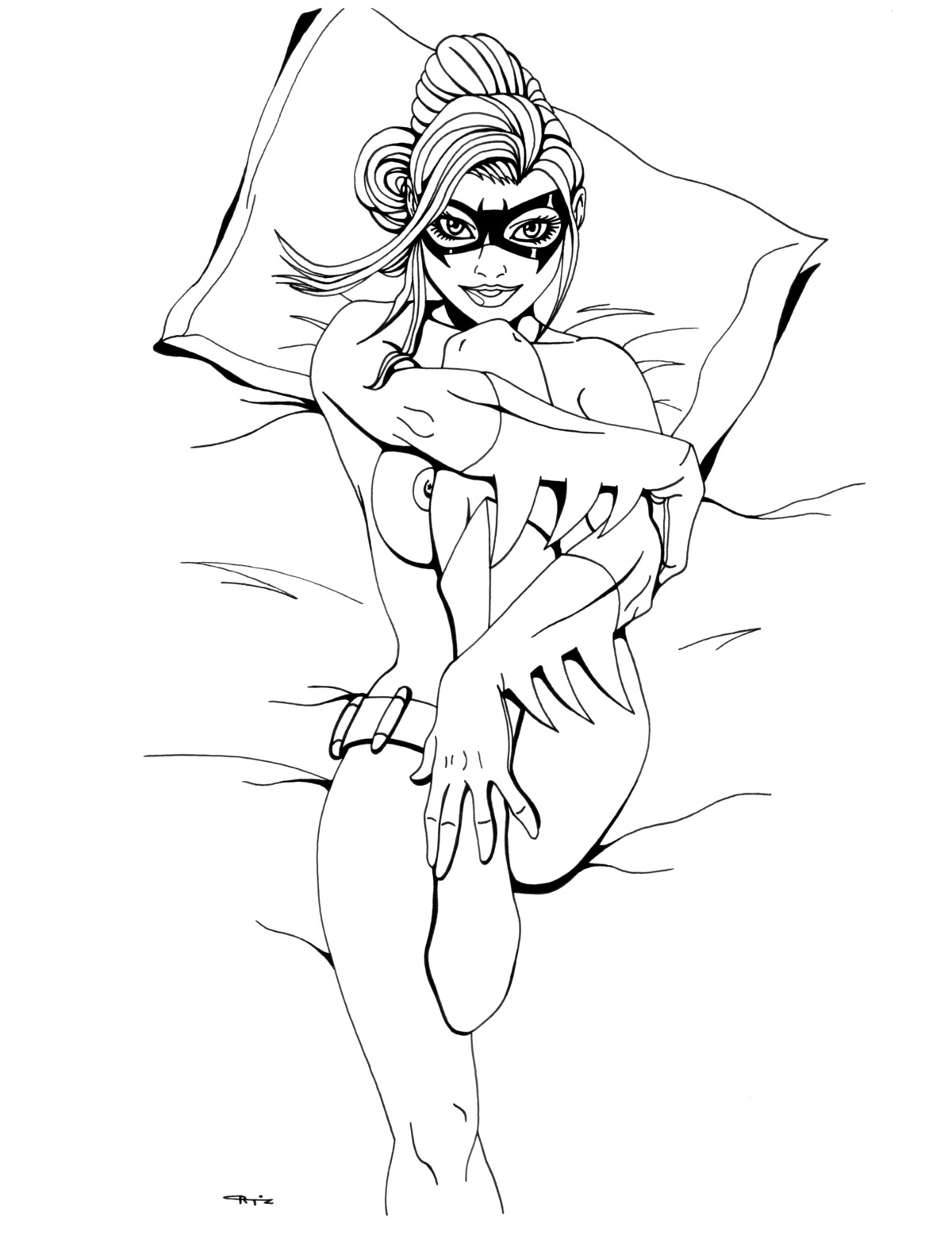 above_view all-star_batman_and_robin armwear barbara_gordon batgirl batman_(series) belt black_and_white boots breasts clothing dc dc_comics domino_mask eso2001 female female_only footwear gloves hugging_leg human looking_at_viewer lying mask monochrome mostly_nude nipples on_back pillow pinup ponytail posing rule34 smile solo utility_belt