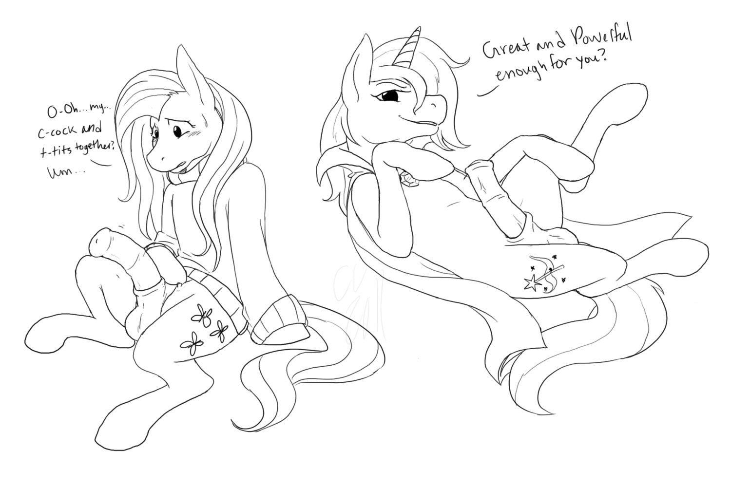 anthro cartoonlion equid equine feral fluttershy_(mlp) friendship_is_magic futanari futashy herm horse intersex mammal monochrome my_little_pony pegasus pony rule34 smooth_skin trixie_(mlp) trixie_lulamoon unicorn
