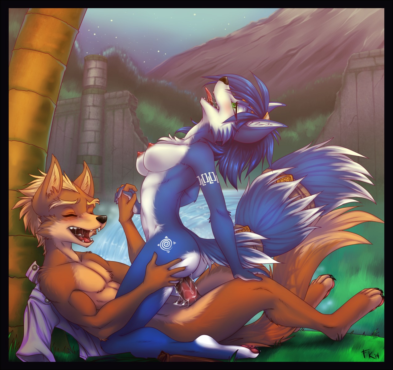 2014 accessory anthro anthro_on_anthro black_border blue_body blue_fur blue_hair blush bodily_fluids border breasts butt canid canine canon_couple claws conditional_dnp cowgirl_position cum cum_in_vagina cum_inside detailed_background digital_media_(artwork) digitigrade duo e621 erection fangs female female_on_top female_penetrated fluff-kevlar fox fox_mccloud from_front_position fur furgonomics genital_fluids genitals hair hand_holding happy happy_sex hi_res intraspecies krystal_(star_fox) looking_pleasured male male/female male_on_bottom male_penetrating male_penetrating_female mammal mountain nintendo nipples nude on_bottom on_top outdoor_nudity outside outside_sex penetration penile penile_penetration penis penis_in_vagina romantic romantic_couple saliva sex side_view sitting star_fox straddling tail tail_accessory tail_wraps tailband tattoo teeth toe_claws tongue tongue_out vaginal vaginal_penetration white_body white_fur wraps