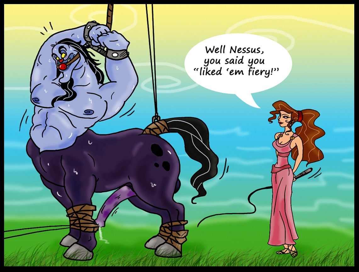 animal_genitalia_on_humanoid arms_up ball_gag blush bondage centaur clothing cum disney equid_taur female gag gagged handcuffs hercules_(disney) horsecock horsecock_on_humanoid male malesub megara nessus penis rule34 straight sweat taur whip