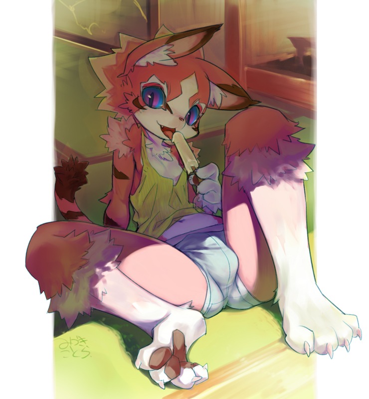 4_fingers 4_toes anthro biped blue_sclera bottomwear bulge clothed clothing cotora dessert detailed_background detailed_bulge domestic_cat e621 feet felid feline felis fingers food fur hair ice_cream inner_ear_fluff inside kemono licking looking_at_viewer male male_anthro mammal multicolored_body multicolored_fur nyaou_(cotora) open_mouth pawpads pink_body pink_fur popsicle pupils purple_eyes red_nose shorts sitting slit_pupils solo spread_legs spreading tail toes tongue tongue_out tuft two_tone_body two_tone_fur underwear young young_anthro young_male