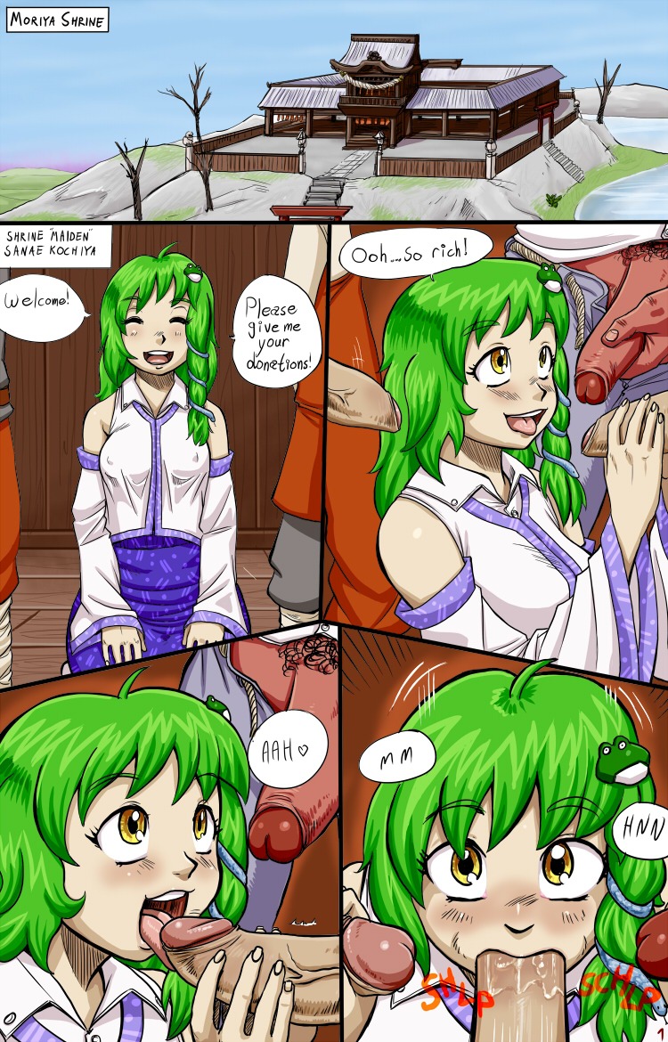 fellatio female green_hair group_sex hair human humanoid male miko oral penis rule34 sanae_kochiya shrine spidu straight tongue touhou