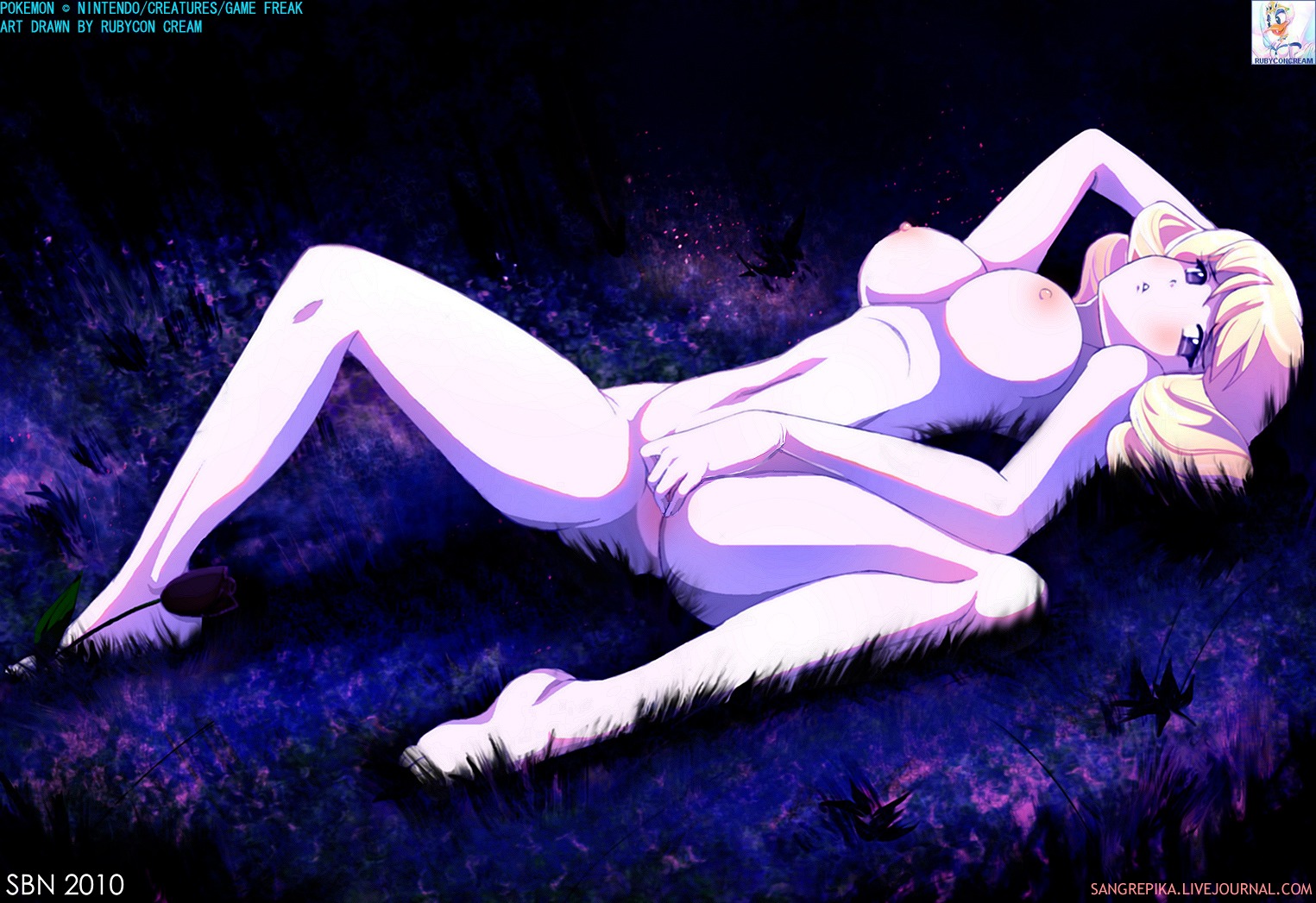 barefoot blush breasts color domino_(pokemon) female female_only human lying nintendo nipples nude on_back pokemon rule34 solo tagme team_rocket