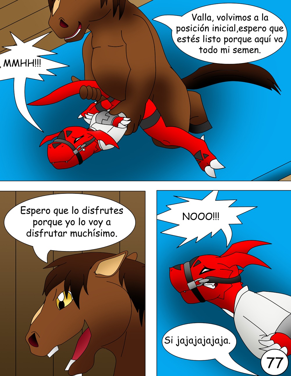 anal anthro bandai_namco comic dialogue digimon digimon_(species) digital_media_(artwork) duo e621 equid equine forced gag gagged guilmon hector21314 hi_res horse interspecies karate male male/male male_penetrated male_penetrating male_penetrating_male mammal multiple_scenes penetration rape scalie sex spanish_text text translated