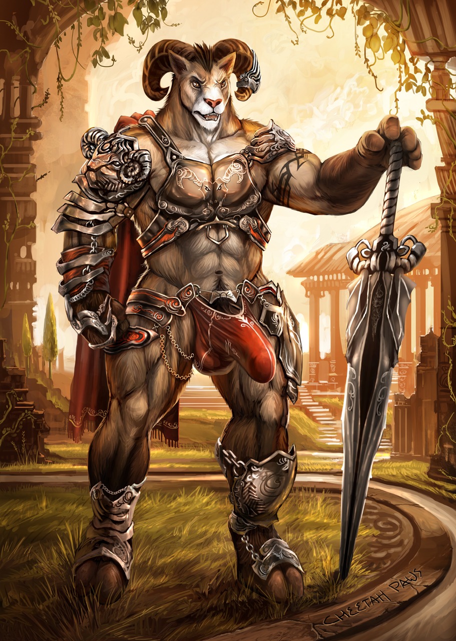 abs anthro armor biceps big_penis bighorn_sheep biped bovid bovid_horn brown_body brown_fur building bulge caprine caprine_horn cheetahpaws clothed clothing convincing_weapon detailed detailed_background detailed_bulge e621 erection erection_under_clothing fur genital_outline genitals hi_res horn humanoid_genitalia humanoid_penis looking_at_viewer male mammal melee_weapon muscular muscular_anthro muscular_male outside pecs penis penis_base penis_outline plant pose ram_horn rammy_aaron sheep solo standing sword tattoo tree unconvincing_armor vein warrior weapon wood