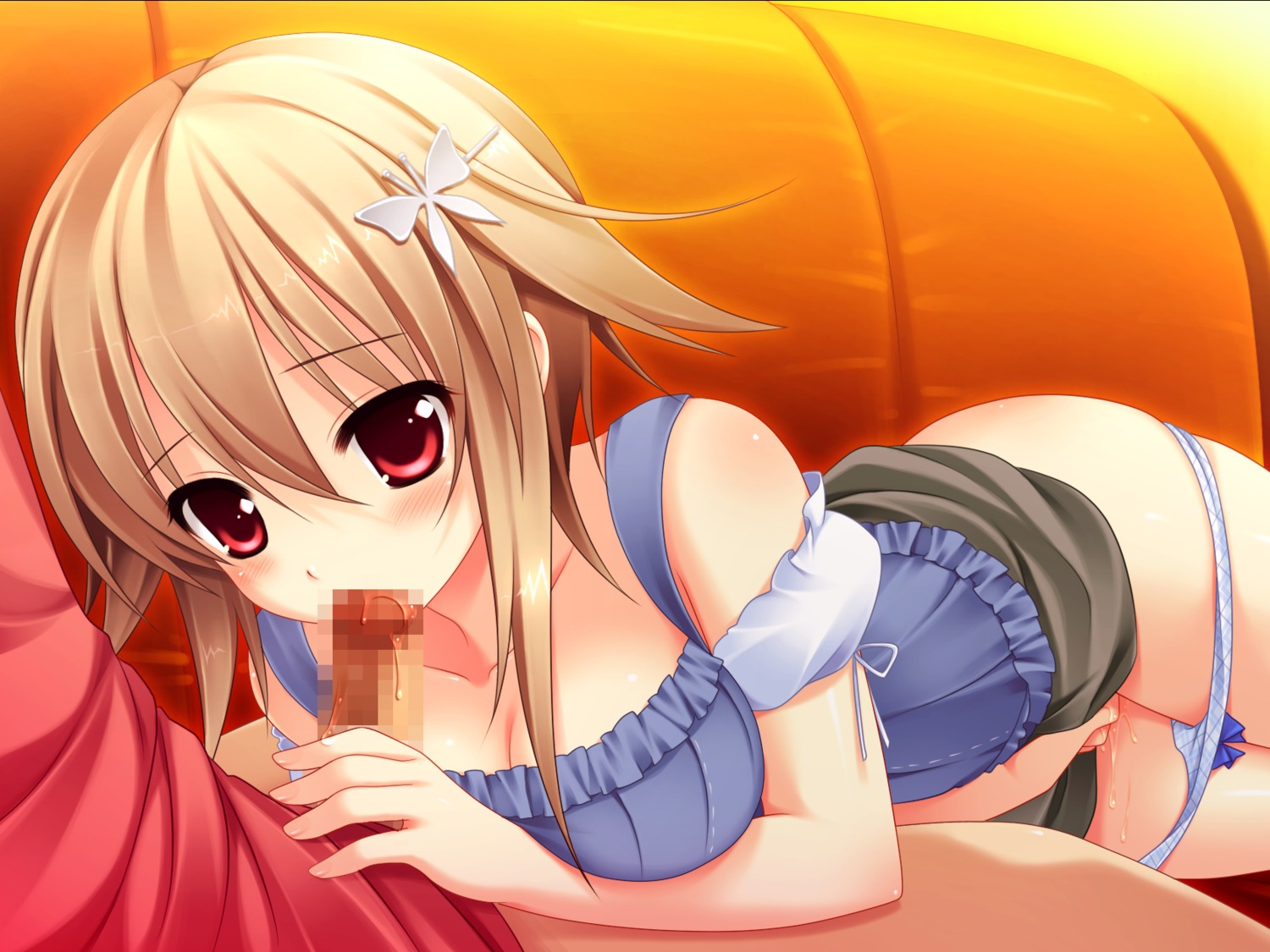 brown_hair butterfly_hair_ornament censored fellatio female game_cg hair kamishima_kaede makita_maki male masturbation mecha-con! oral penis pussy pussy_juice red_eyes rule34