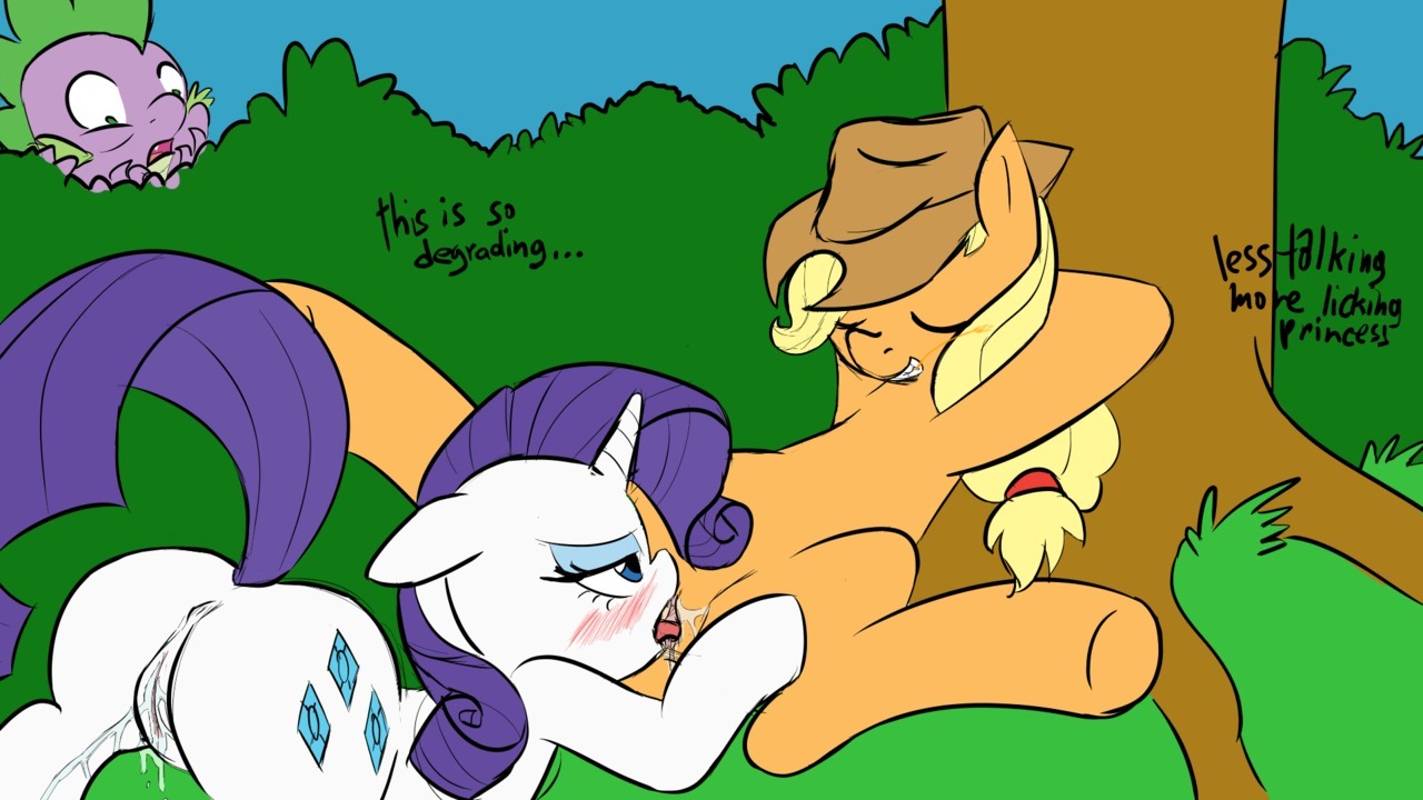 16:9 anus applejack_(mlp) being_watched blonde_hair blue_eyes blush bodily_fluids brown_clothing brown_headwear clothing cowboy_hat cunnilingus cutie_mark dialogue digital_media_(artwork) dragon e621 earth_pony english_text equid equine female female/female feral feral_on_feral friendship_is_magic genital_fluids genitals grass group haiku_oezu hair hasbro hat headgear headwear horn horse looking_at_another male mammal my_little_pony mythological_creature mythological_equine mythological_scalie mythology nude oral outside peeping plant pony rarity_(mlp) relaxing scalie sex sky spike_(mlp) tail text tree unicorn vaginal vaginal_fluids vulva wet widescreen wood
