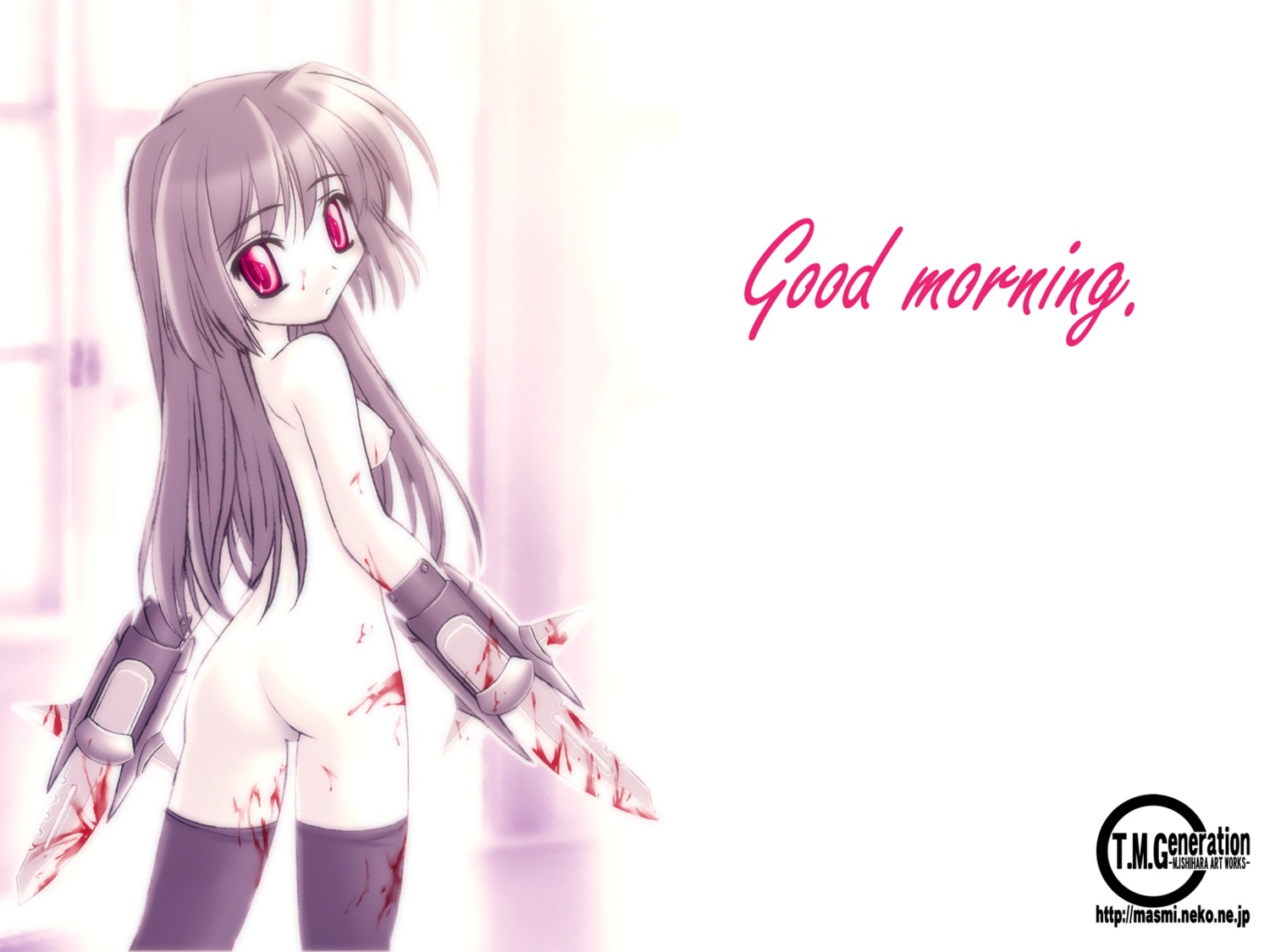 ass assassin assassin_(ragnarok_online) black_legwear blood breasts color female from_behind highres ishihara_masumi jamadhar long_hair looking_back nipples nude purple purple_hair ragnarok_online red_eyes rule34 small_breasts solo spot_color stockings thighhighs wallpaper weapon
