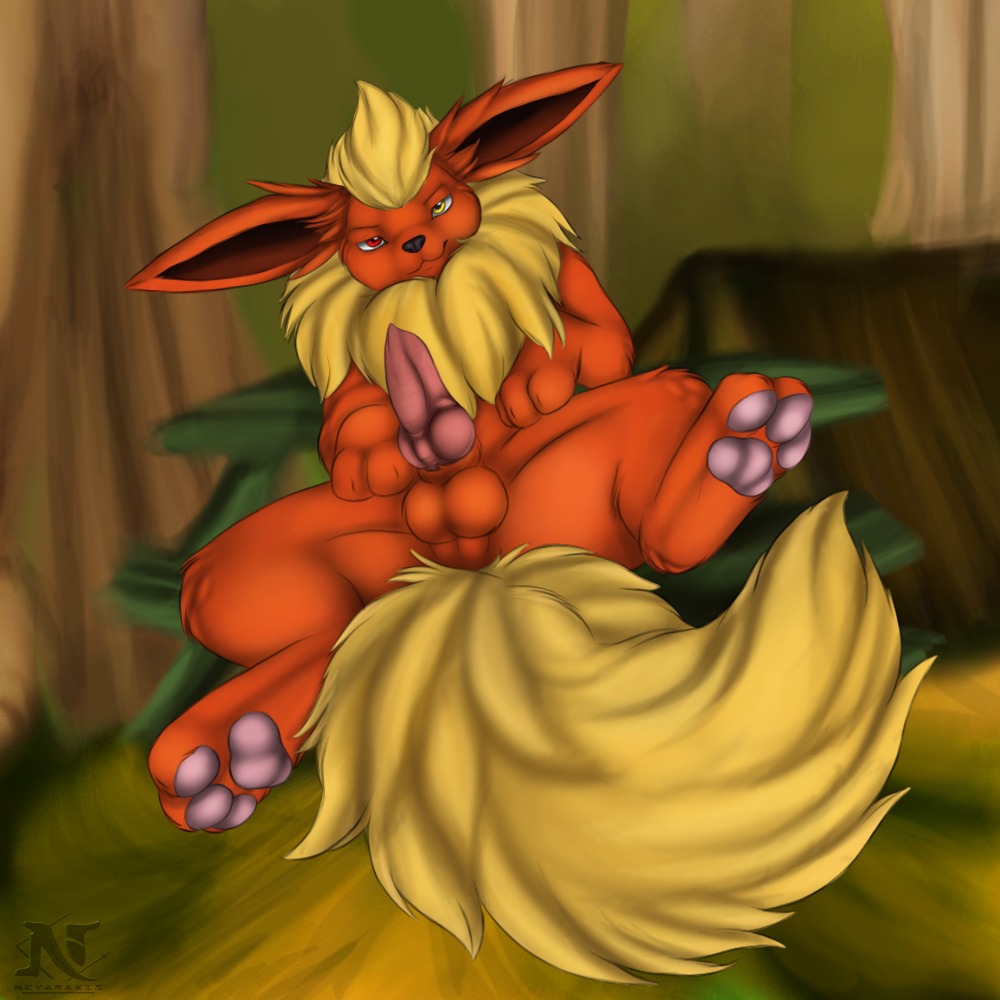 1:1 balls canid canine detailed_background digitigrade e621 eeveelution erection feral flareon generation_1_pokemon genitals heterochromia knot male mammal namarx7 nintendo penis pokemon pokemon_(species) presenting quadruped solo tail
