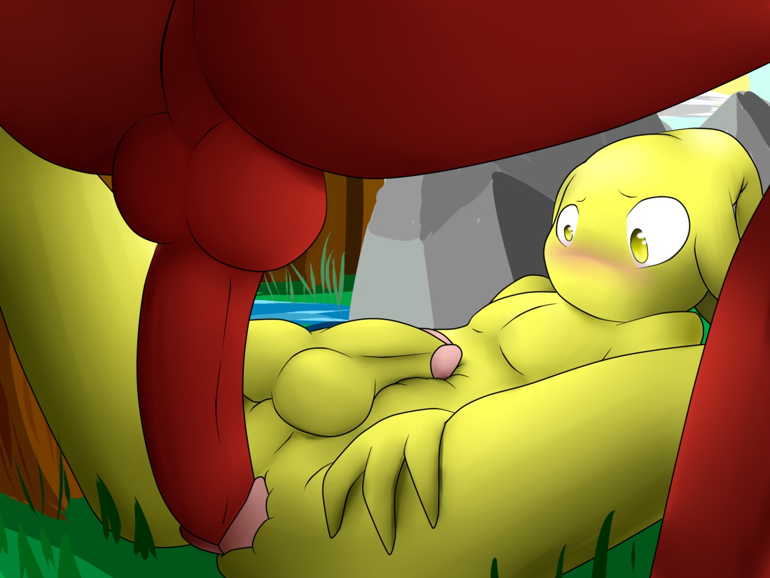 4:3 anal anal_penetration balls blush cloud duo e621 elemental_creature erection faceless_character faceless_male flora_fauna genitals hi_res humanoid humanoid_genitalia humanoid_on_humanoid humanoid_penis male male/male male_penetrated male_penetrating male_penetrating_male mouthless nintendo not_furry nude outside penetration penis pikmin pikmin_(species) plant prodding red_pikmin river rock sangelia sex sky spread_legs spreading sun yellow_pikmin