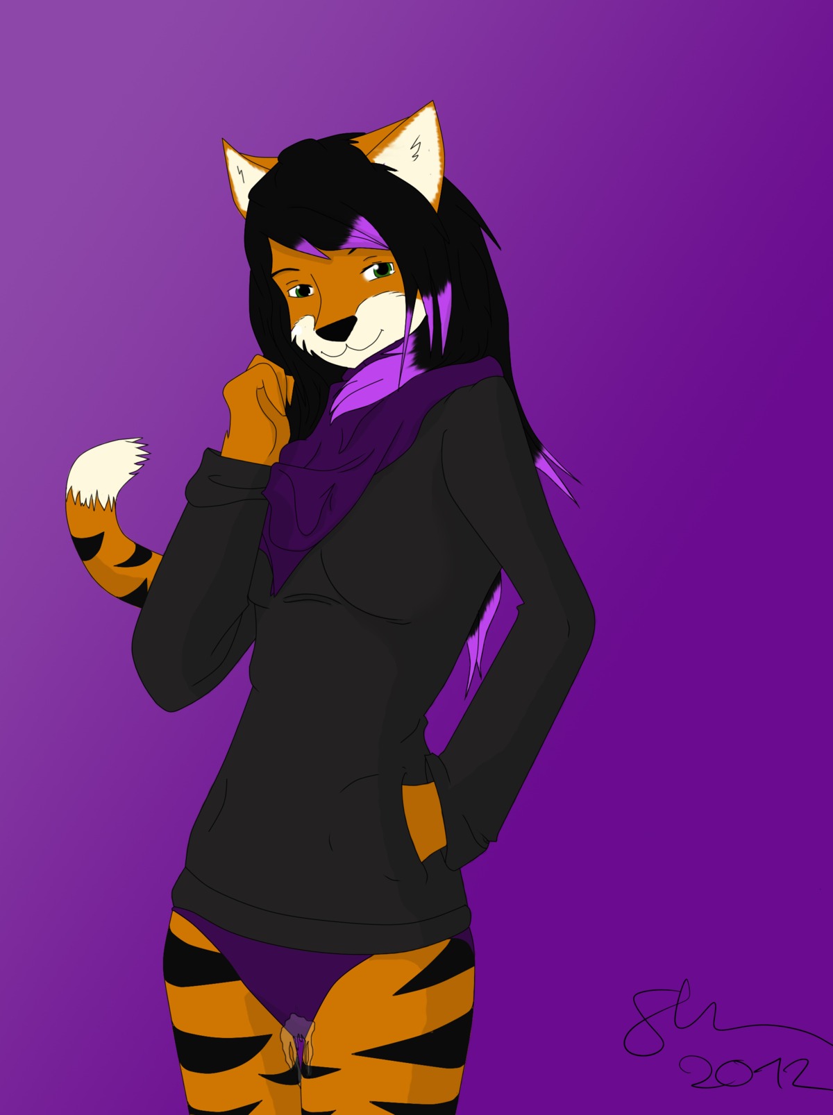 absurd_res anthro bodily_fluids clothing e621 felid female genital_fluids hi_res mammal pantherine panties raised_tail skyfly solo stripes tail tiger underwear vaginal_fluids