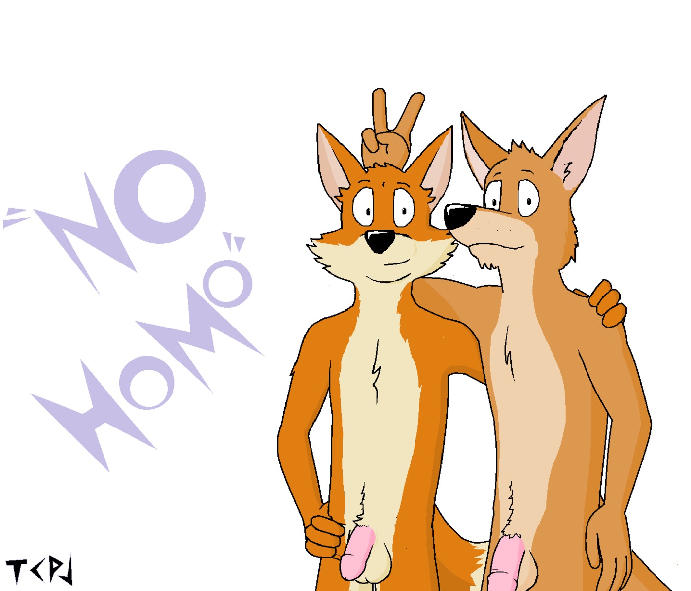 2014 anthro balls bunny_ears_(gesture) canid canine dan_(paintfox) digital_media_(artwork) duo e621 flaccid fox genitals gesture hi_res humanoid_genitalia humanoid_penis josh_(paintfox) kangaroo looking_at_viewer macropod male mammal marsupial microsoft_paint_(artwork) no_homo nude paintfox penis pose simple_background smile standing stated_heterosexuality stated_sexuality text toony young young_anthro