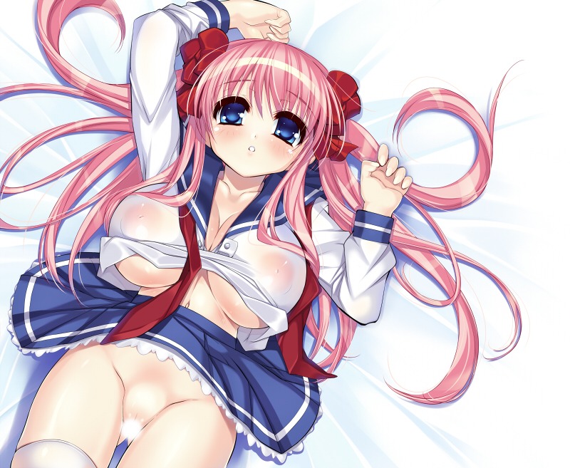 blue_eyes blush breasts censored cleavage female haramura_nodoka large_breasts lying nipples pink_hair rule34 saki school_uniform