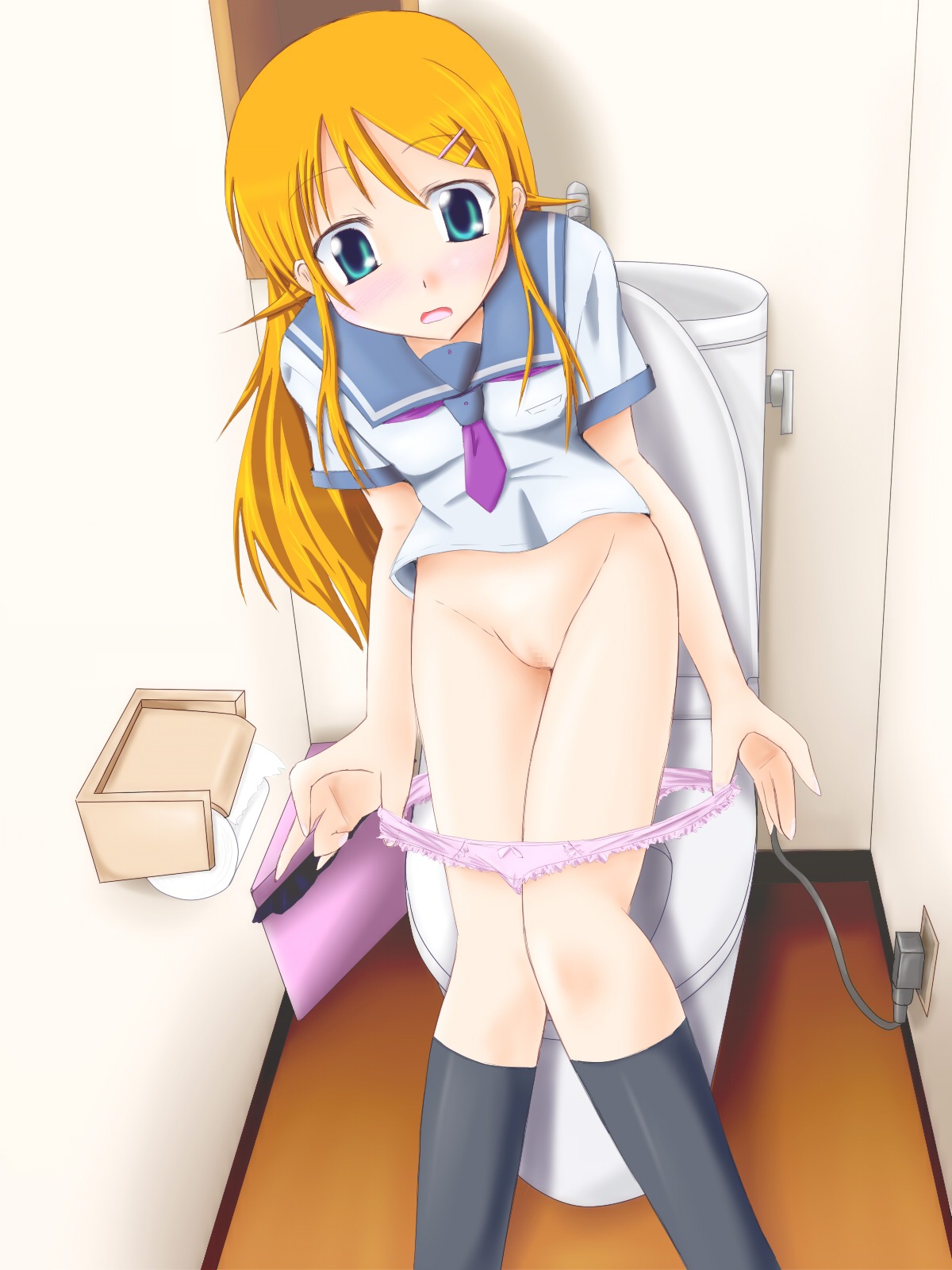 blush female female_only human kousaka_kirino ore_no_imouto_ga_konna_ni_kawaii_wake_ga_nai pointy_chin rule34 solo toilet undressing