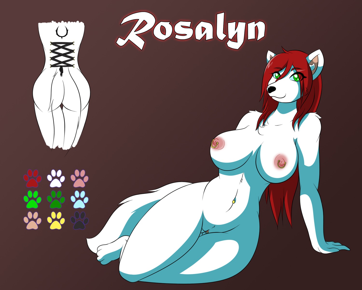 5:4 anthro arctic_wolf arm_support biped breasts cainesart canid canine canis character_badge_(artwork) clitoris clitoris_piercing color_swatch digital_media_(artwork) e621 eye_through_hair female fur genital_piercing genitals green_eyes hair hi_res looking_at_viewer lying mammal navel navel_piercing nipples nude on_side piercing pose reclining red_hair rosalyn_elliott solo thick_thighs translucent translucent_hair vulva vulva_piercing white_body white_fur wolf yokozuwari