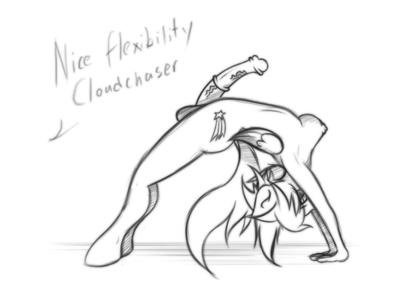2014 4:3 anthro anthrofied balls breasts cloud_chaser_(mlp) cutie_mark digital_drawing_(artwork) digital_media_(artwork) e621 equid equine erection feathered_wings feathers flexible friendship_is_magic genitals gynomorph hasbro intersex koffeekuma mammal monochrome my_little_pony mythological_creature mythological_equine mythology nude pegasus penis sketch solo wings