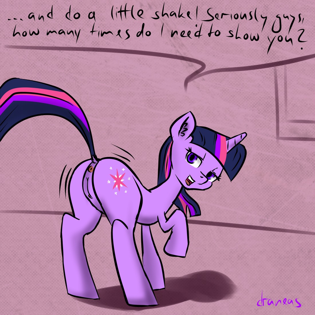1:1 anus butt cutie_mark dialogue draneas e621 english_text equid equine female feral friendship_is_magic fur genitals hair hasbro horn looking_at_viewer looking_back mammal multicolored_hair my_little_pony mythological_creature mythological_equine mythology open_mouth presenting presenting_hindquarters purple_body purple_eyes purple_fur purple_hair quadruped raised_leg signature solo tail text twilight_sparkle_(mlp) two_tone_hair unicorn vulva