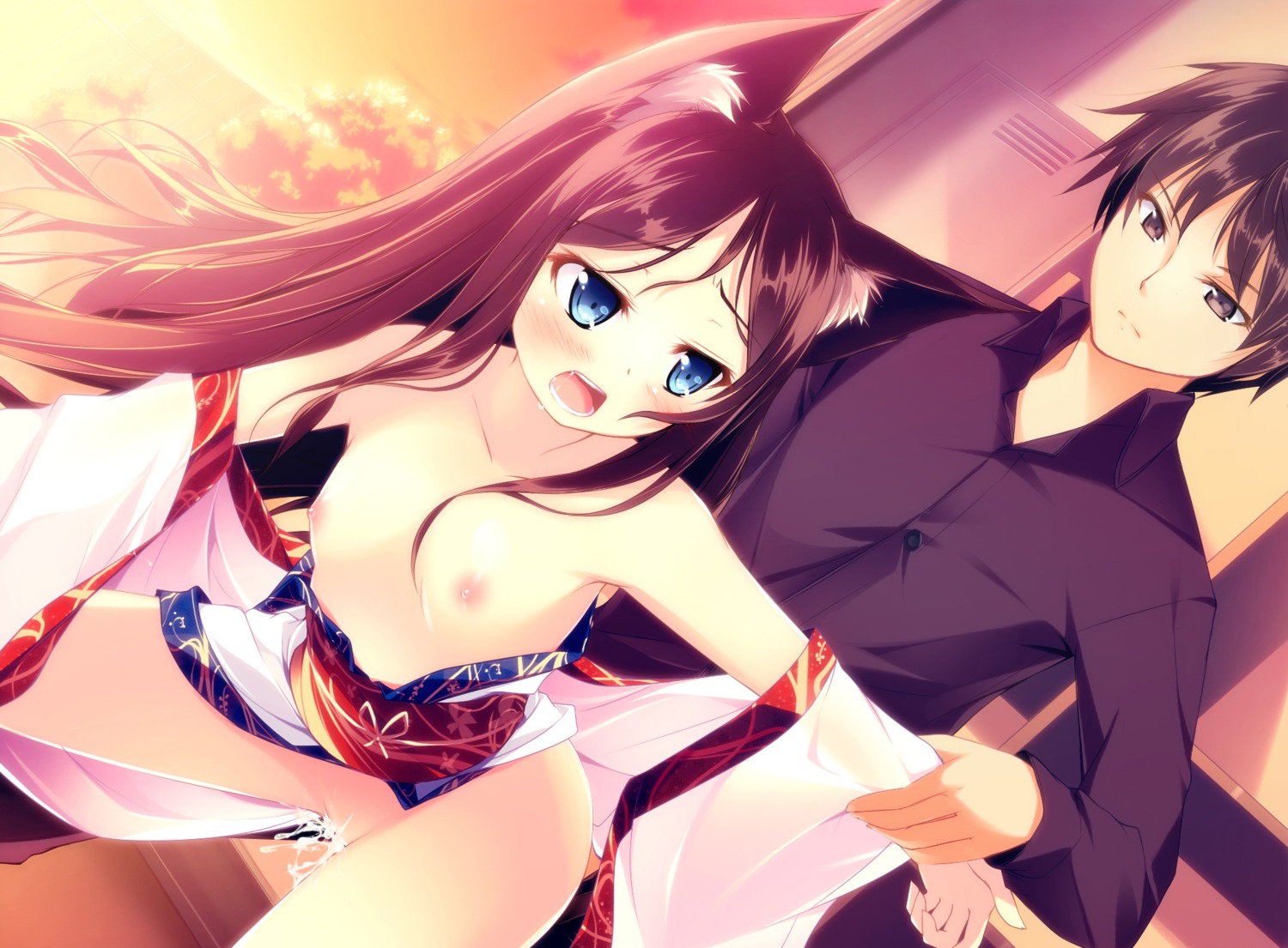 animal_ears blue_eyes breasts brown_hair cat_ears couple cum cum_inside dutch_angle female flat_chest fox_ear highres japanese_clothes kazakura kimono long_hair nipples open_clothes original pink_hair rule34 sex short_hair