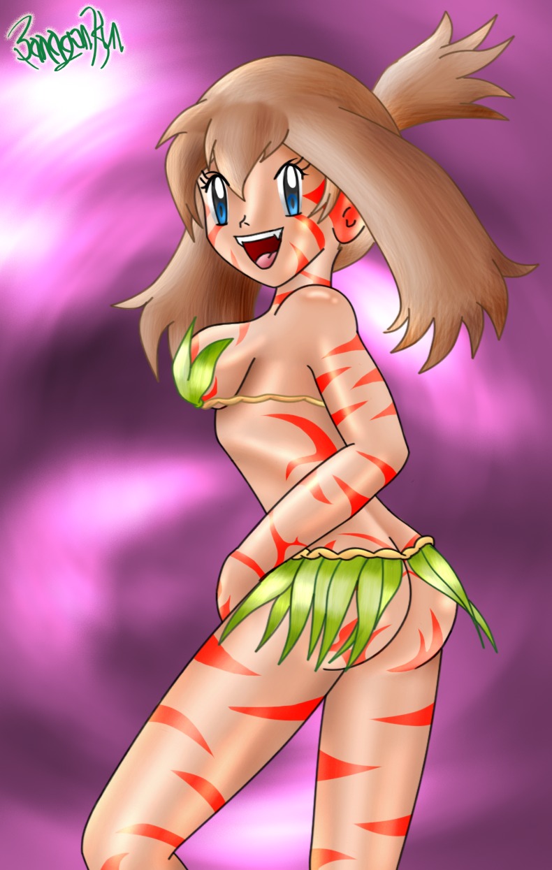 ass blue_eyes brown_hair color female female_only grass_skirt hair human human_only may_(pokemon) no_bandana pokemon pokemon_(manga) rule34 sapphire_birch_(pokemon) side_view solo stripes tagme