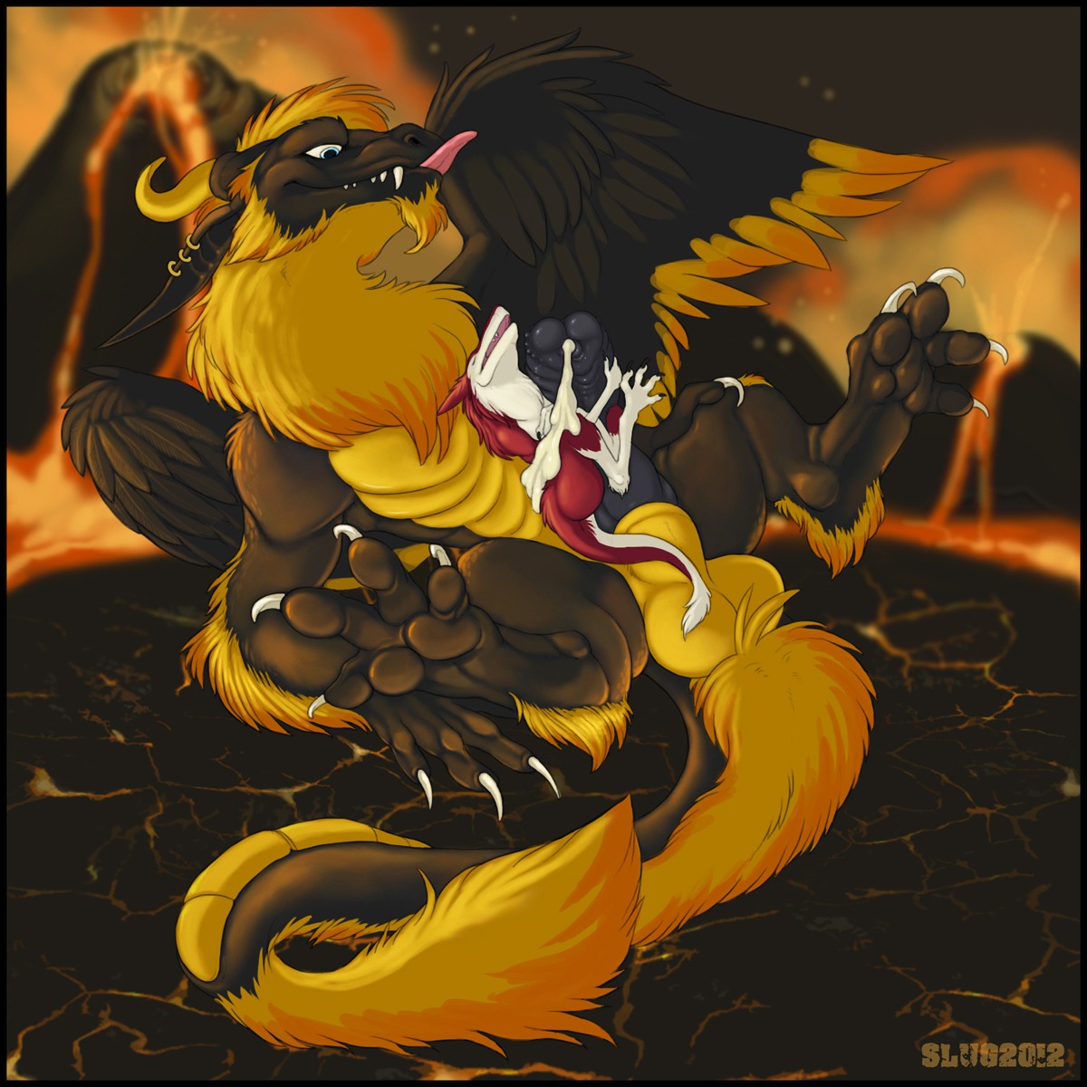 1:1 2012 anthro balls big_balls black_penis bodily_fluids cum dragon duo e621 erection feathers feet fluffy fur furred_dragon furred_scalie genital_fluids genitals hi_res hindpaw horn hug hugging_another hugging_penis larger_male lava macro male mammal micro mythological_creature mythological_scalie mythology northern_dragon nude oddbird paws penis piercing sandalf scalie sergal size_difference tail volcano yellow_horn