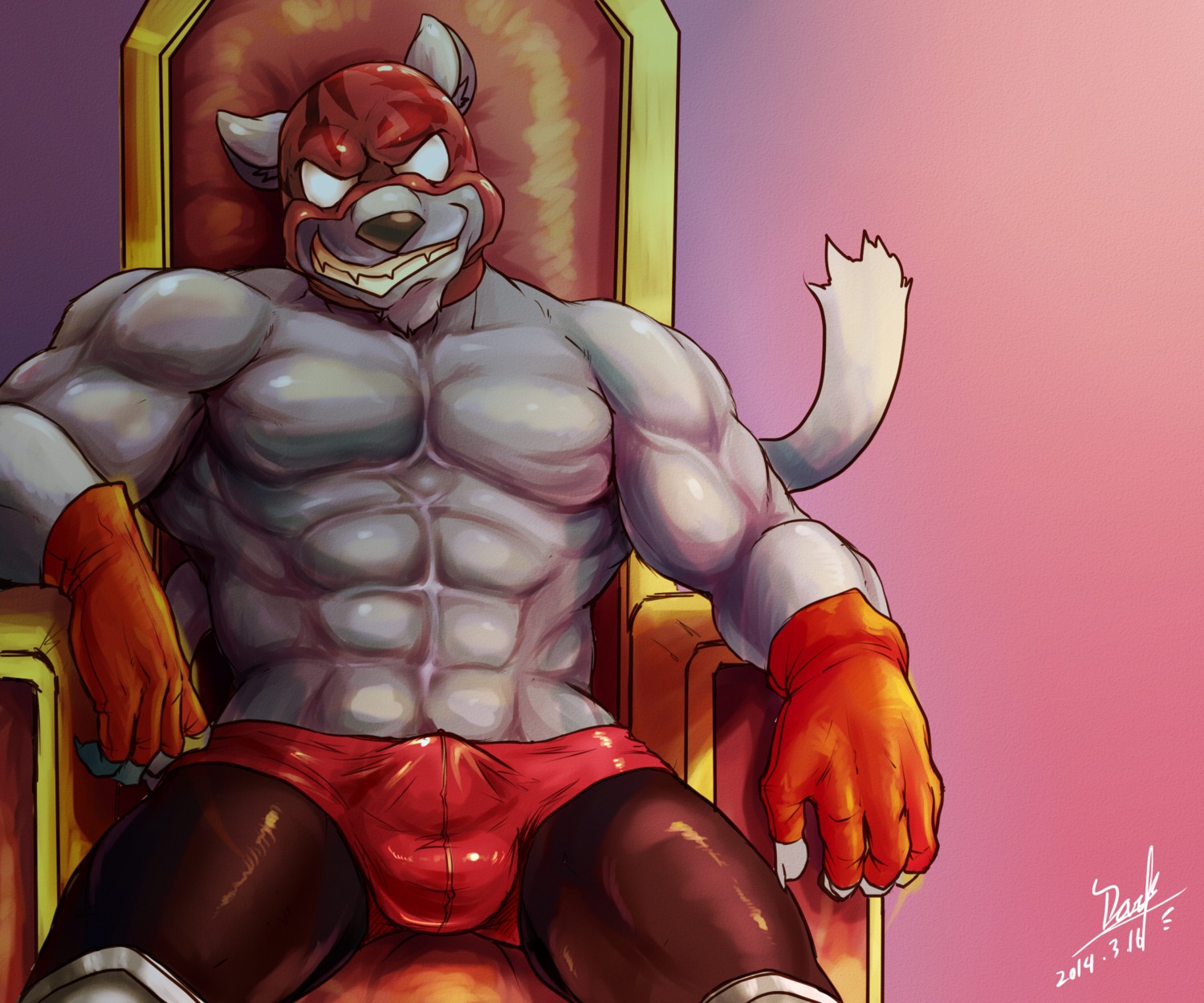 2014 abs anthro armor athletic biceps big_muscles biped black_nose blackham bottomwear bulge canid canine canis chair claws clothed clothing e621 empty_eyes fangs fingerless_gloves front_view fur furniture glistening gloves grey_body grey_fur grin handwear hi_res latex looking_at_viewer luchador male mammal mask muscular muscular_anthro muscular_male naughty_face pecs pose shorts sitting smile solo speedo swimwear teeth throne topless white_eyes wolf wrestler