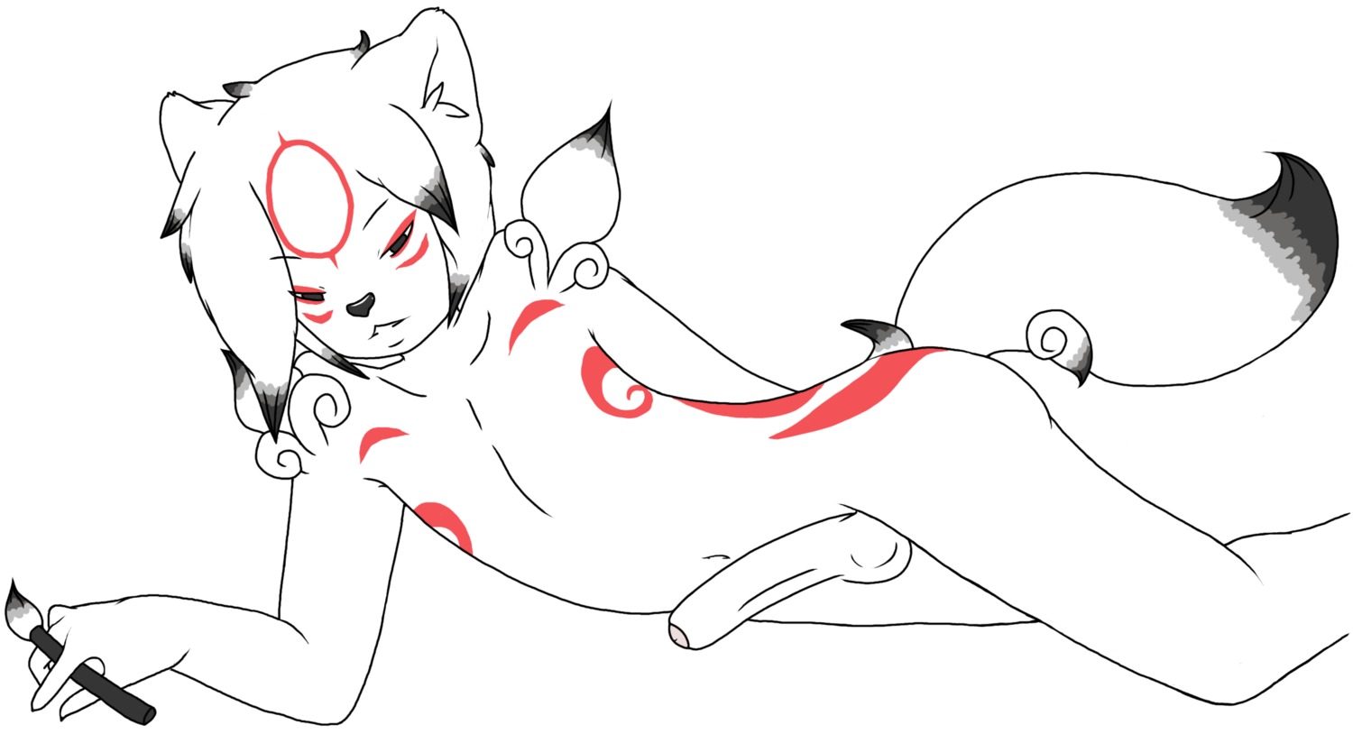 anthro balls beads brush canid canine canis capcom chibiterasu_(okami) clover_studio daniruu deity dipstick_tail e621 erection femboy genitals hi_res holding_ink_brush ink_brush magatama male mammal markings navel okami_(capcom) penis simple_background solo sun_god tail tail_markings tattoo white_background wolf