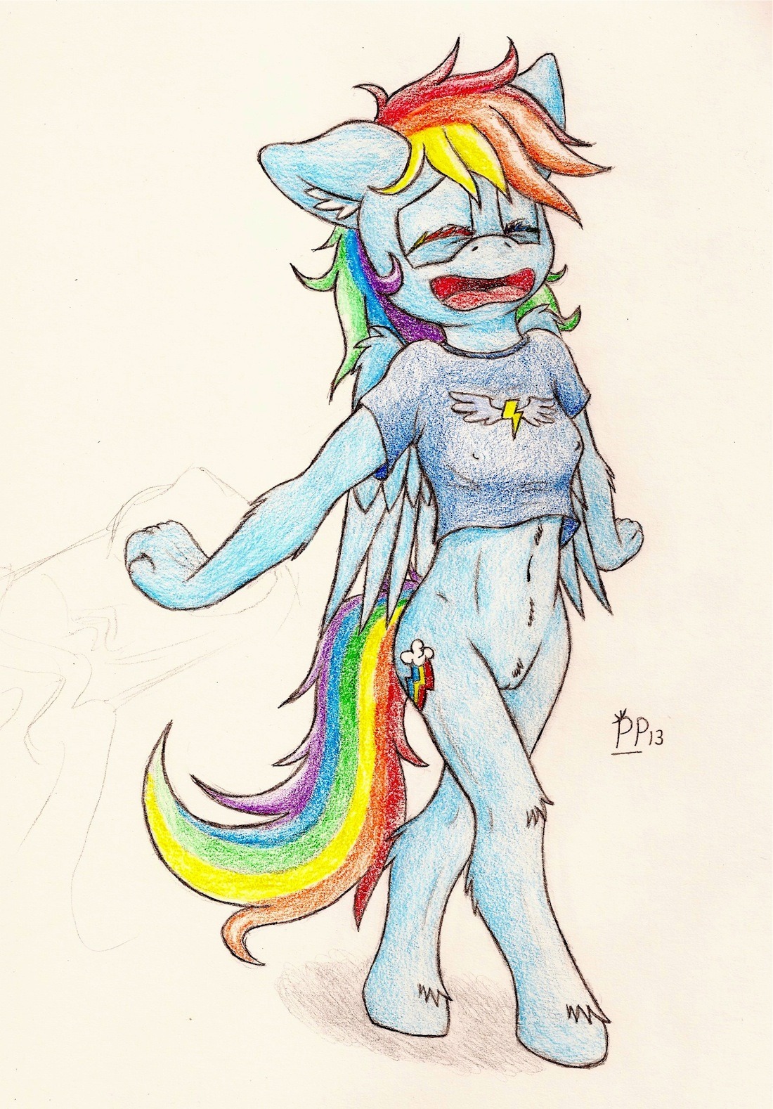 2013 anthro anthrofied blue_body blue_feathers blue_fur bottomless clothed clothing cutie_mark e621 equid equine eyes_closed feathered_wings feathers female friendship_is_magic fur genitals hair hasbro hi_res mammal multicolored_hair multicolored_tail my_little_pony mythological_creature mythological_equine mythology open_mouth pegasus punkpega rainbow_dash_(mlp) rainbow_hair rainbow_tail simple_background solo tail traditional_media_(artwork) vulva wings yawn