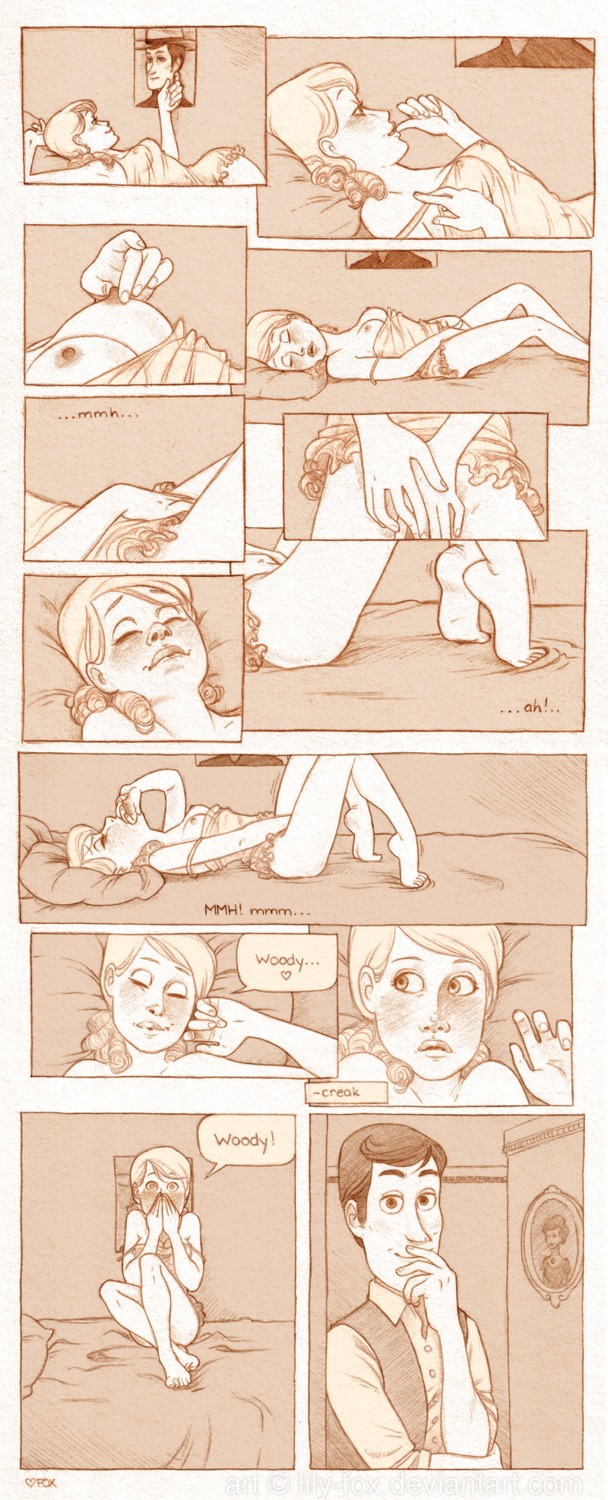 1boy 1girls 2010 arched_back areolae babydoll bare_shoulders barefoot bed biting_finger biting_lip blush bo_peep breasts buena_vista_pictures_distribution caught_masturbating closed_eyes clothing comic curly_hair dialogue disney duo english_text female female_focus finger_to_mouth functionally_nude half-closed_eyes happy heart human lily-fox looking_pleasured male masturbation monochrome naughty_face nipple_tweak nipples on_back pale_skin pixar rule34 see-through sepia side_view sideboob smile solo solo_focus spoken_heart thin_waist tiptoes toy_story trembling voyeur walt_disney_pictures wide_hips woody_pride