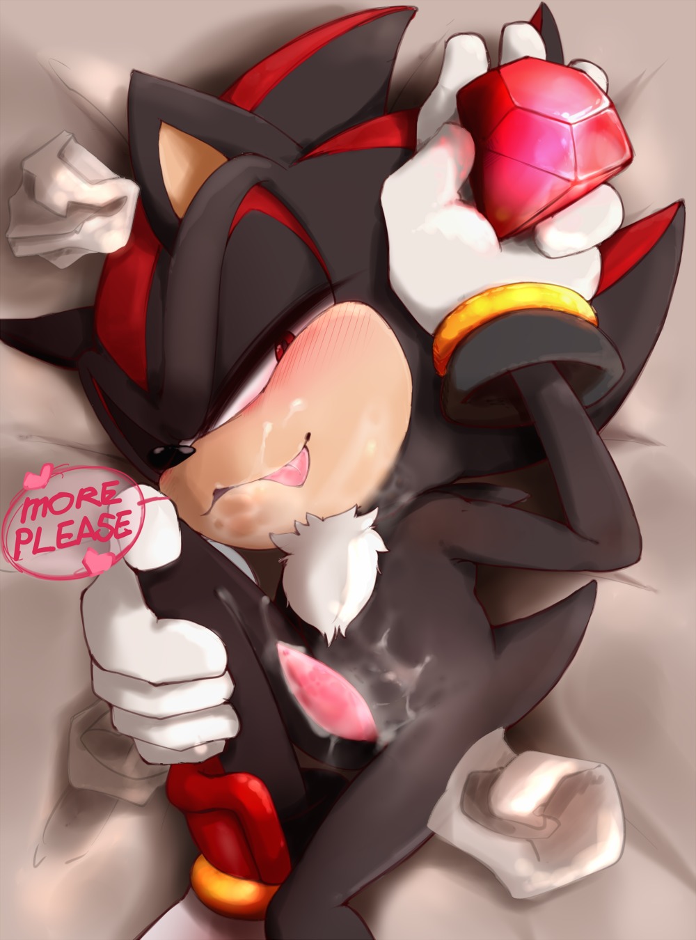 anthro black_body black_fur blush bodily_fluids cum cum_on_body cum_on_face cum_on_penis e621 english_text erection eulipotyphlan fur gem genital_fluids genitals hedgehog hi_res male mammal nekokagebevil penis sega shadow_the_hedgehog solo sonic_the_hedgehog_(series) text