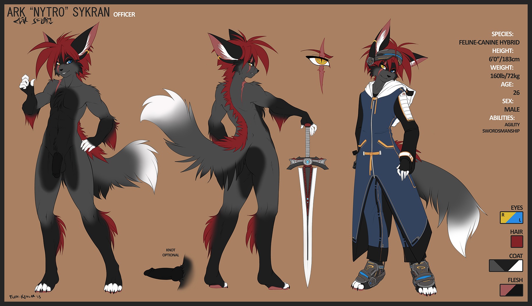 anthro biped black_border boots border canid canine circumcised clothing coat conditional_dnp costume digital_media_(artwork) dipstick_tail e621 english_text erection exposure_variation felid flaccid fluff-kevlar footwear fur genitals grey_body grey_fur hair hi_res hybrid knot knotted_penis male mammal markings melee_weapon model_sheet nude nytro_(fluff-kevlar) penis red_hair scar science_fiction shoes simple_background solo sword tail tail_markings text topwear visor weapon